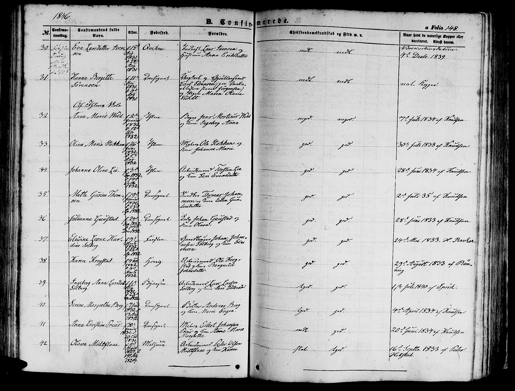 Ministerialprotokoller, klokkerbøker og fødselsregistre - Sør-Trøndelag, SAT/A-1456/602/L0137: Parish register (copy) no. 602C05, 1846-1856, p. 148