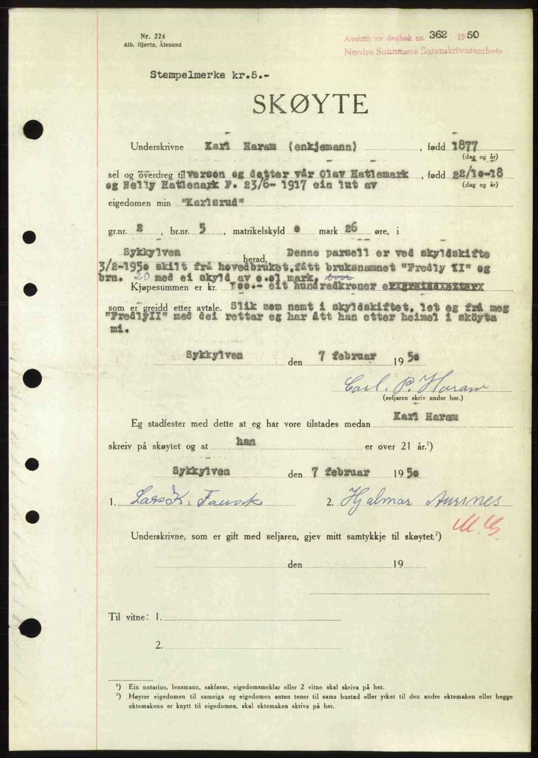 Nordre Sunnmøre sorenskriveri, AV/SAT-A-0006/1/2/2C/2Ca: Mortgage book no. A33, 1949-1950, Diary no: : 362/1950