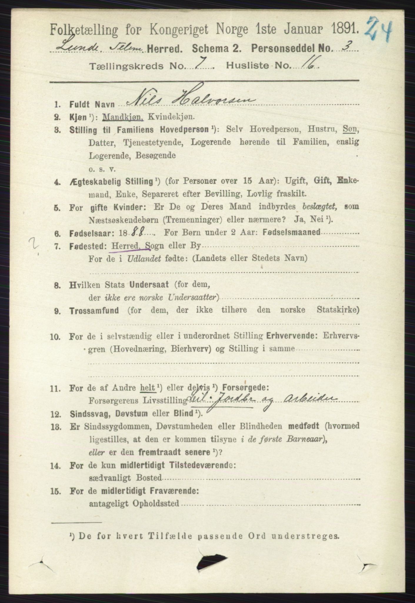 RA, 1891 census for 0820 Lunde, 1891, p. 2307