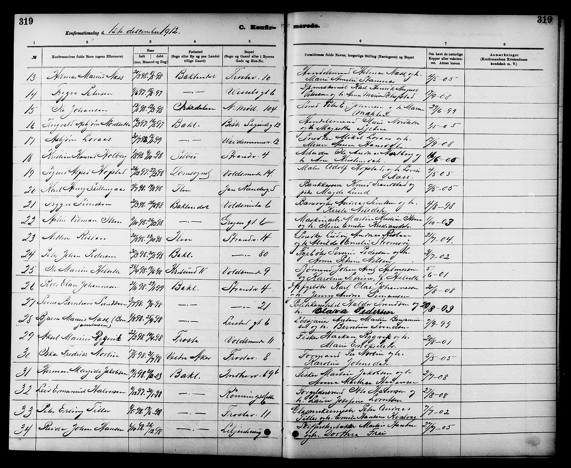 Ministerialprotokoller, klokkerbøker og fødselsregistre - Sør-Trøndelag, AV/SAT-A-1456/605/L0254: Parish register (copy) no. 605C01, 1908-1916, p. 319