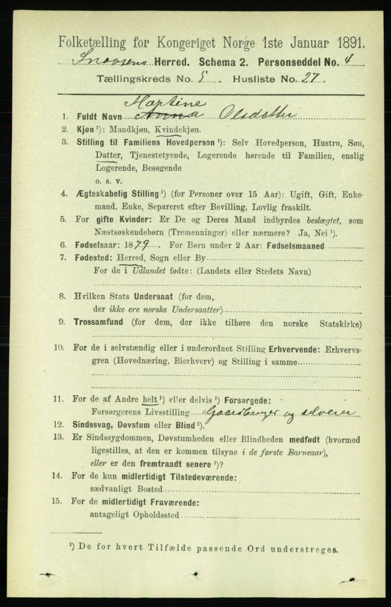 RA, 1891 census for 1736 Snåsa, 1891, p. 1599