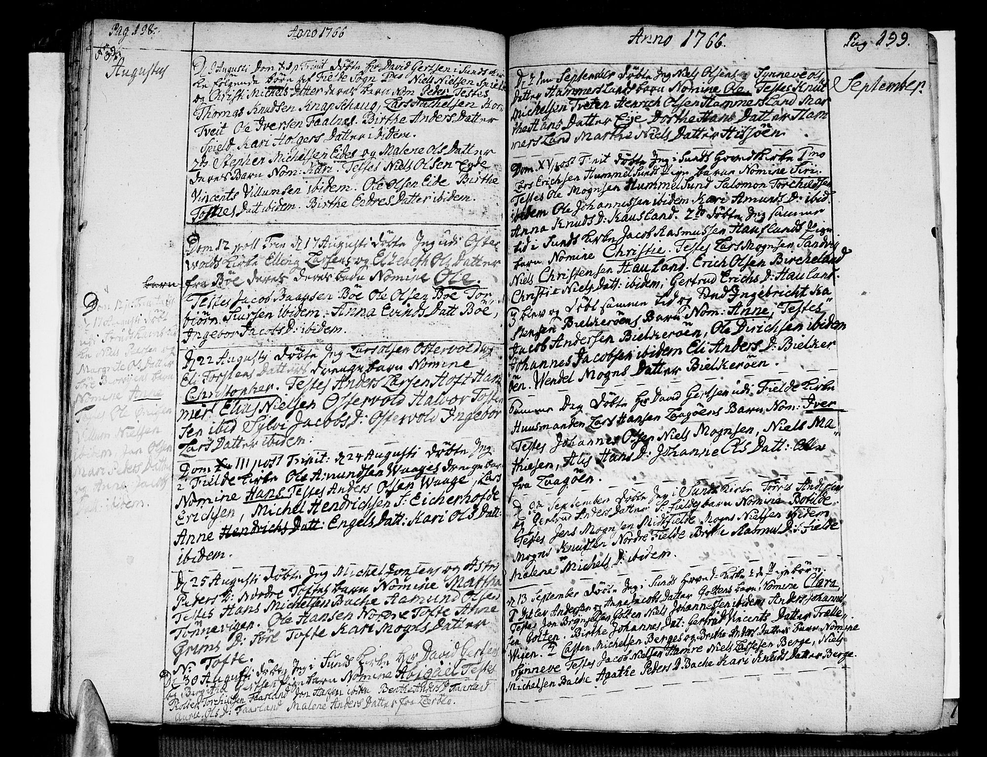 Sund sokneprestembete, AV/SAB-A-99930: Parish register (official) no. A 4, 1748-1769, p. 198-199