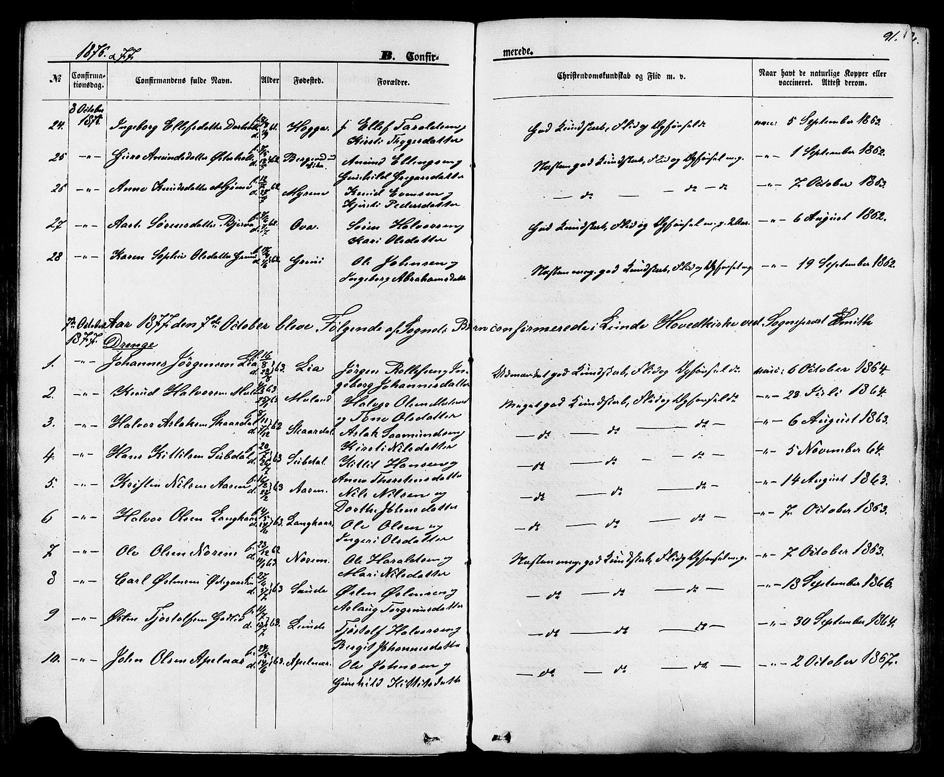 Lunde kirkebøker, SAKO/A-282/F/Fa/L0001: Parish register (official) no. I 1, 1866-1883, p. 91