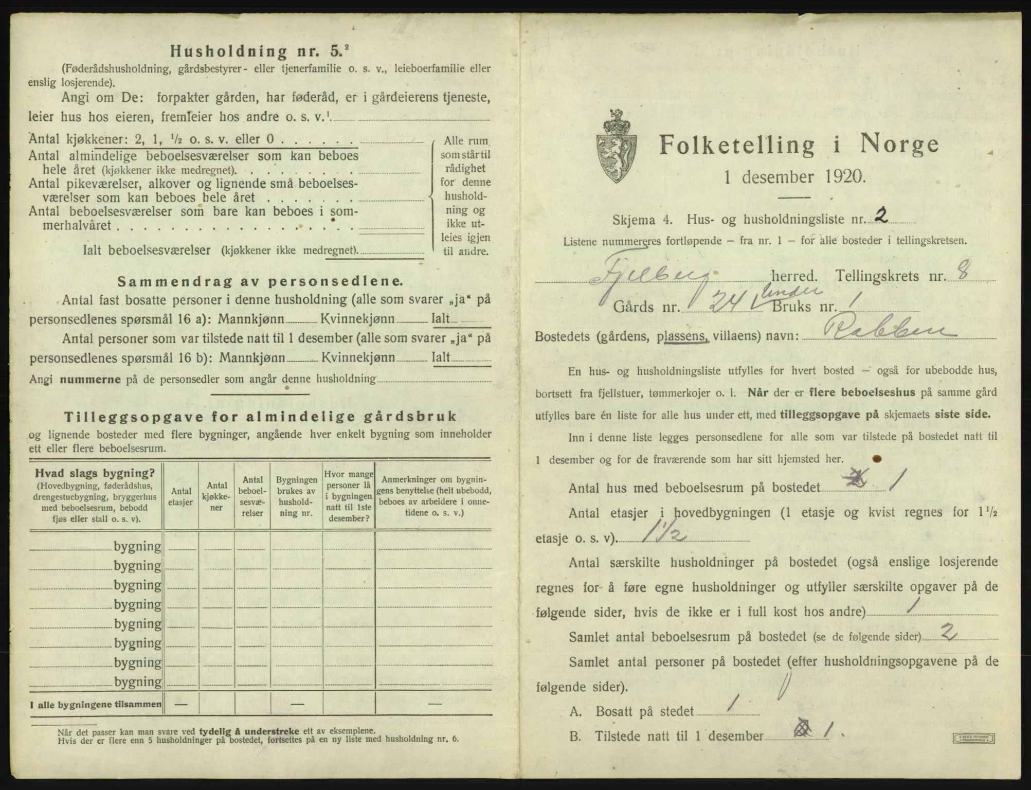 SAB, 1920 census for Fjelberg, 1920, p. 506