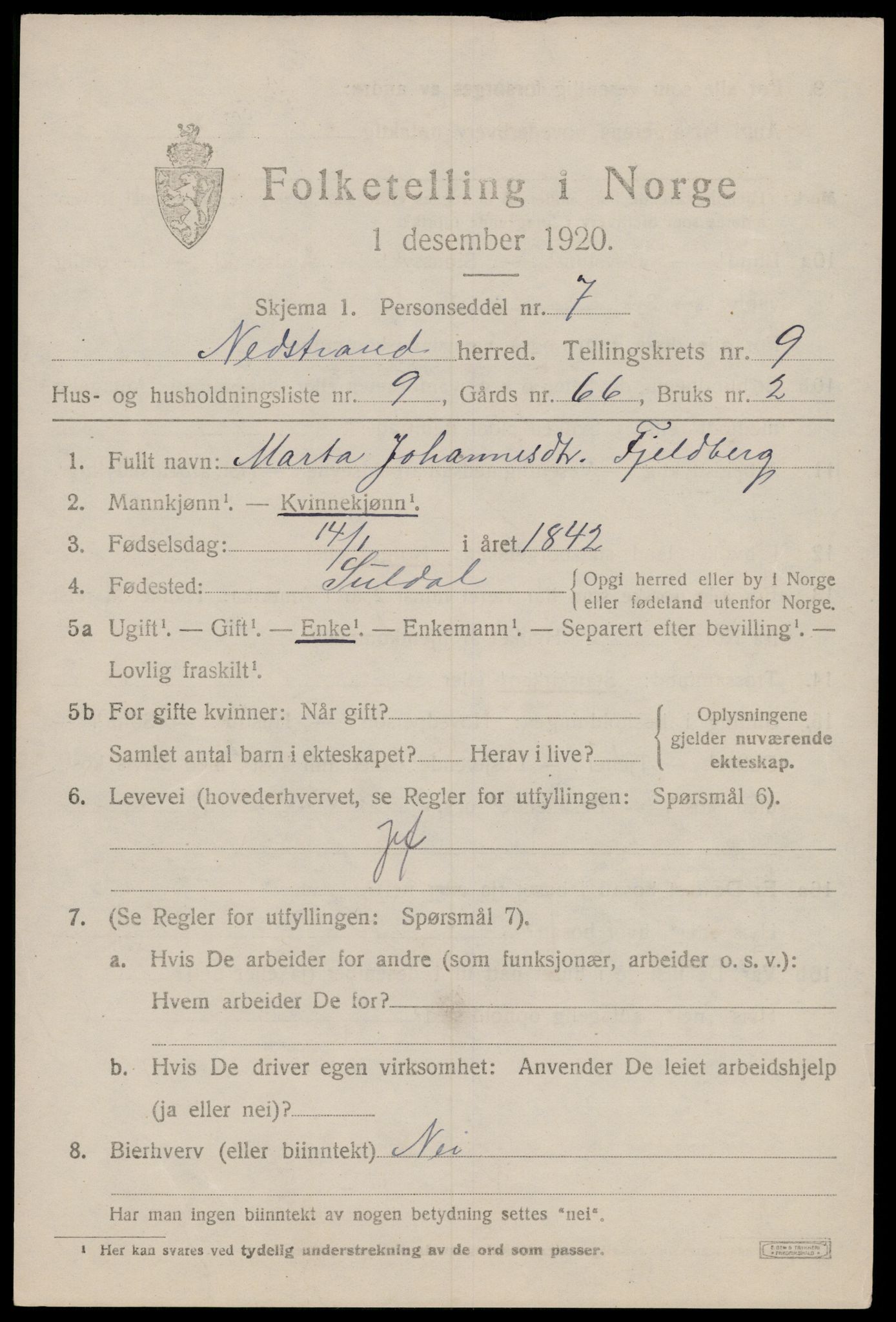 SAST, 1920 census for Nedstrand, 1920, p. 3341