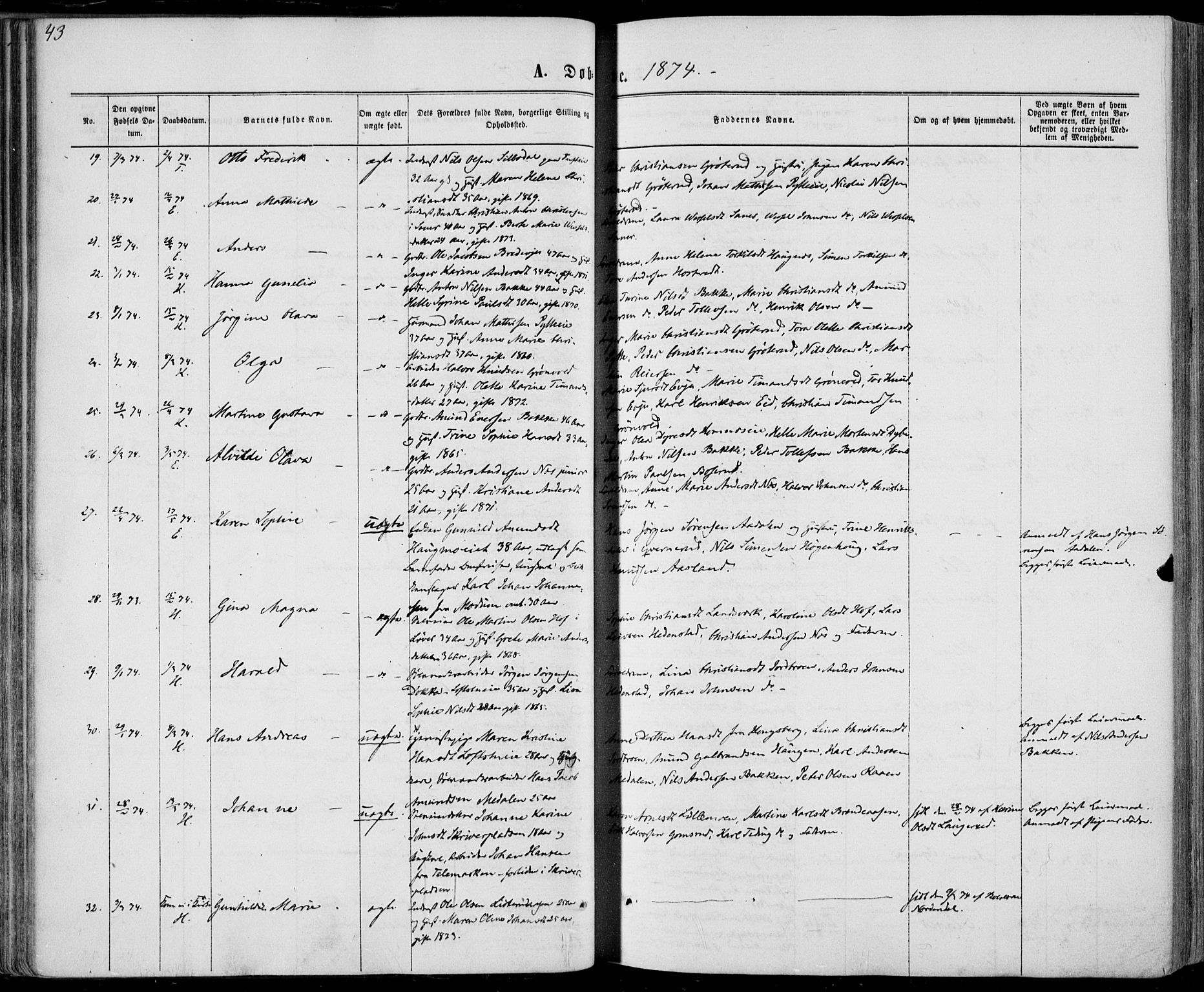 Sandsvær kirkebøker, AV/SAKO-A-244/F/Fa/L0007: Parish register (official) no. I 7, 1869-1877, p. 43