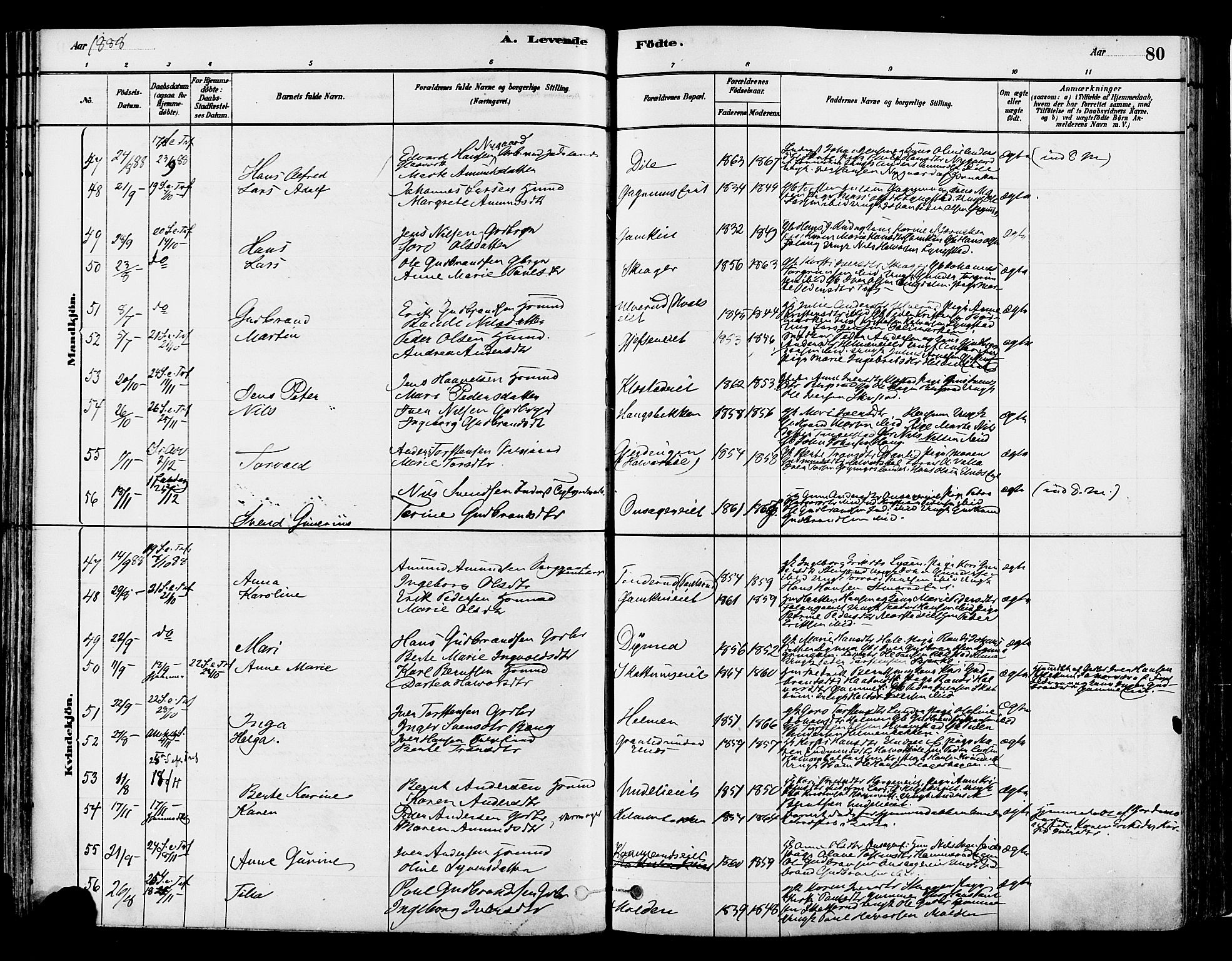 Gran prestekontor, SAH/PREST-112/H/Ha/Haa/L0014: Parish register (official) no. 14, 1880-1889, p. 80