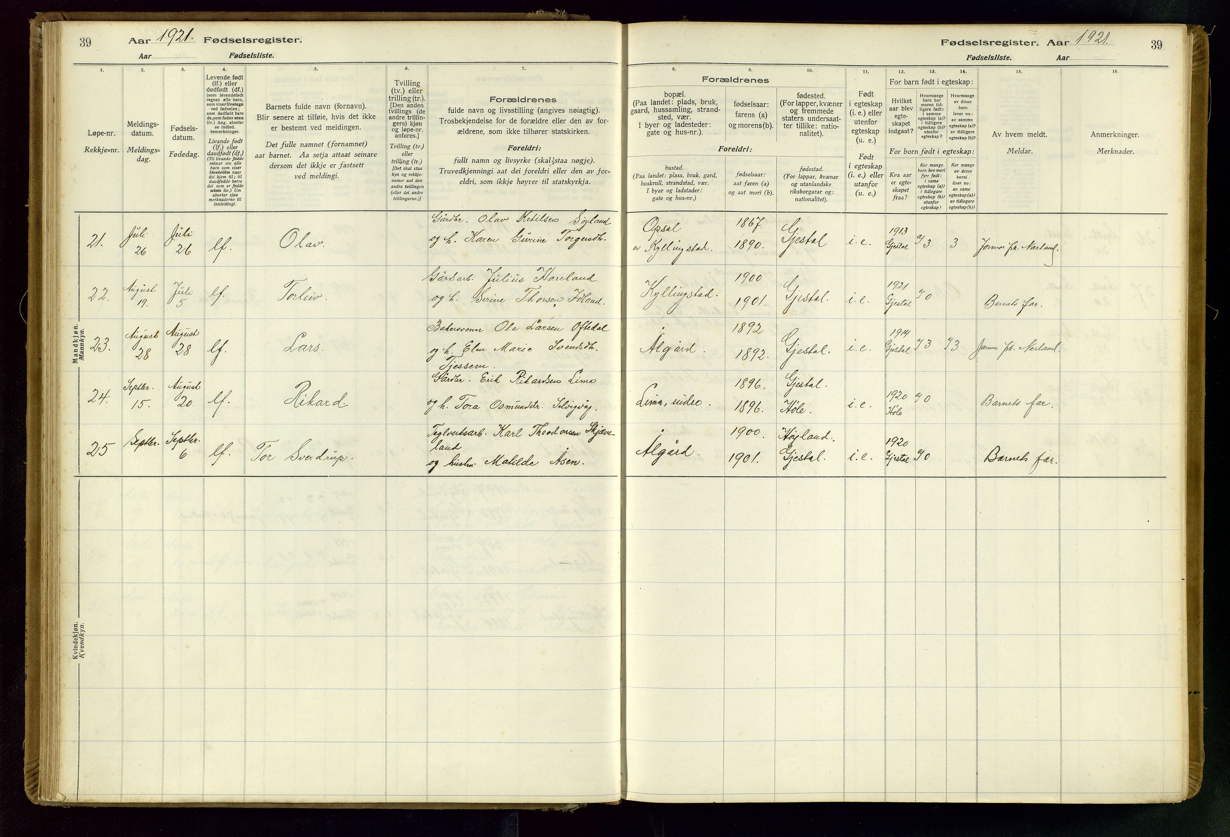 Gjesdal sokneprestkontor, AV/SAST-A-101796/002/O/L0001: Birth register no. 1, 1916-1949, p. 39