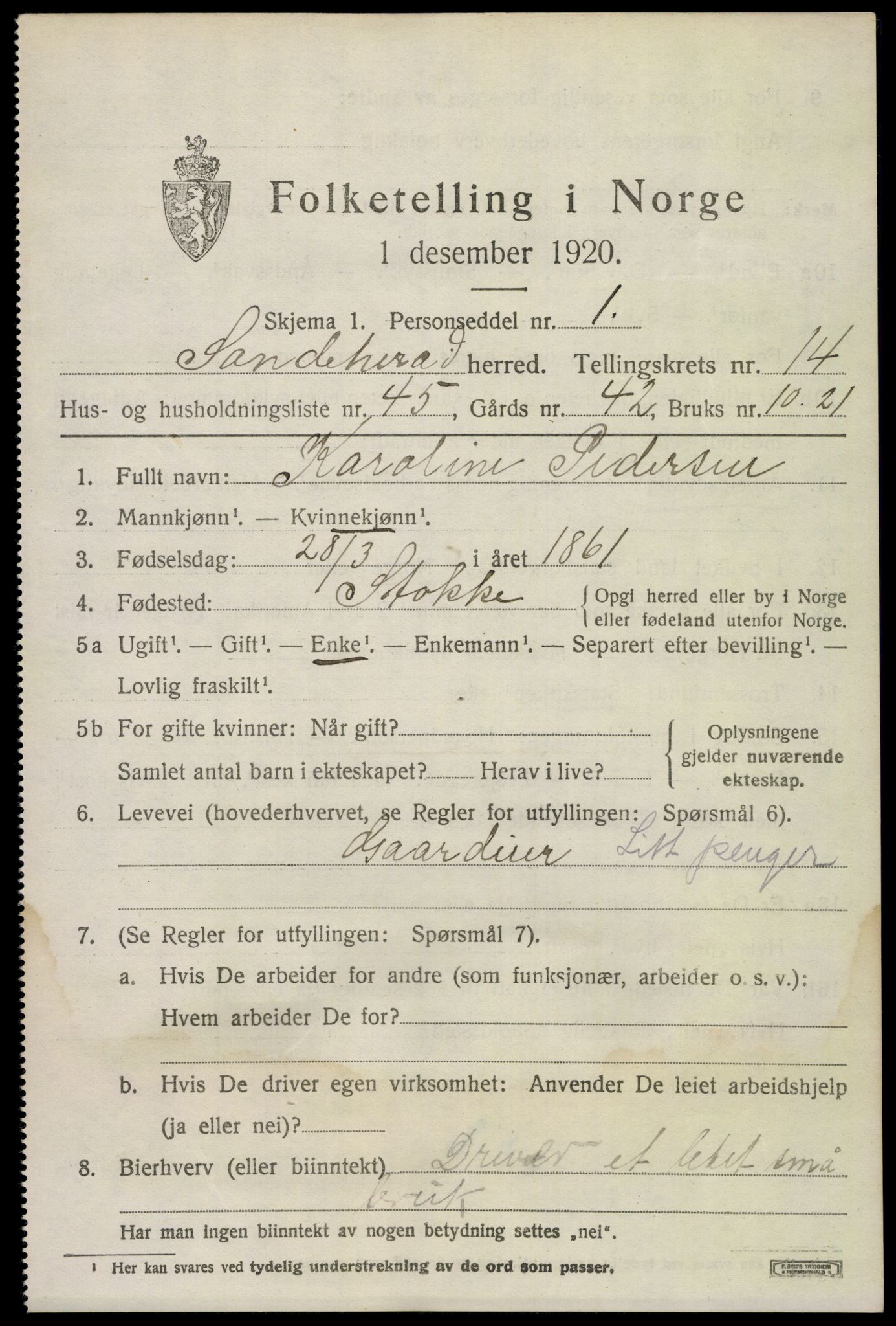 SAKO, 1920 census for Sandeherred, 1920, p. 20786