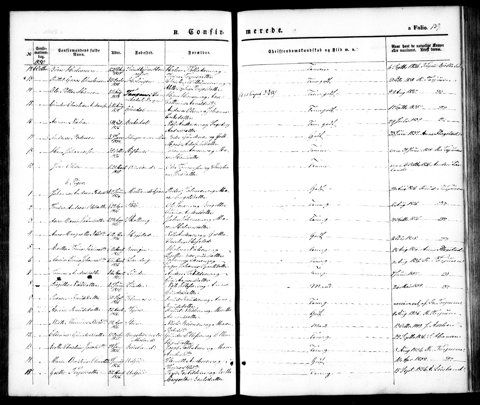 Hommedal sokneprestkontor, AV/SAK-1111-0023/F/Fa/Fab/L0004: Parish register (official) no. A 4, 1848-1860, p. 159