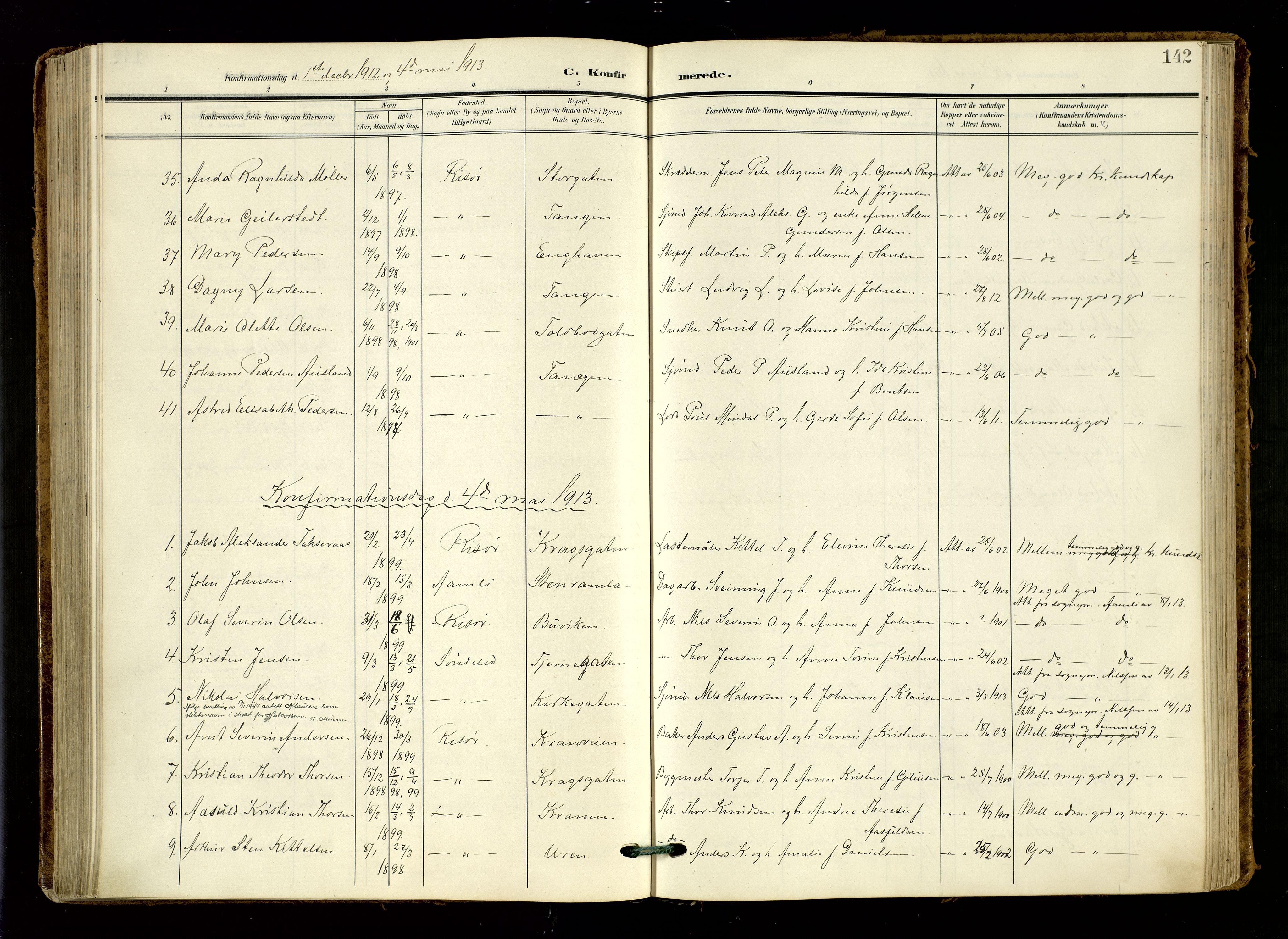 Risør sokneprestkontor, AV/SAK-1111-0035/F/Fa/L0011: Parish register (official) no. A 11, 1907-1920, p. 142