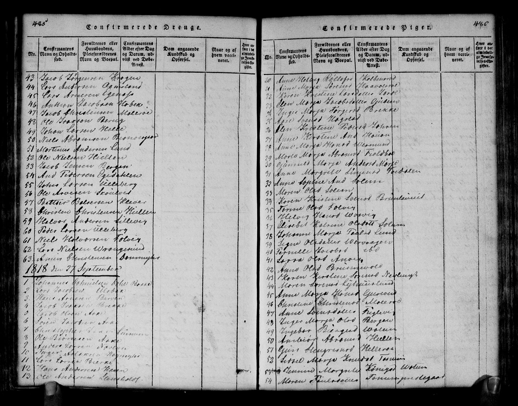 Brunlanes kirkebøker, AV/SAKO-A-342/G/Ga/L0001: Parish register (copy) no. I 1, 1814-1834, p. 485-486