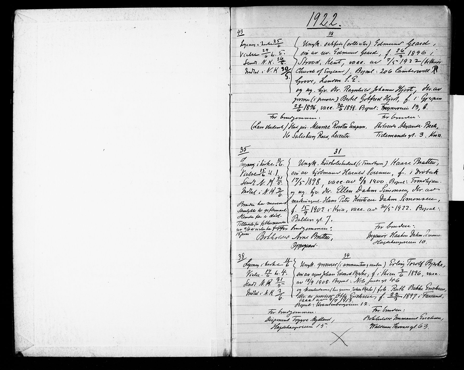 Frogner prestekontor Kirkebøker, SAO/A-10886/H/Ha/L0006: Banns register no. 6, 1922-1928