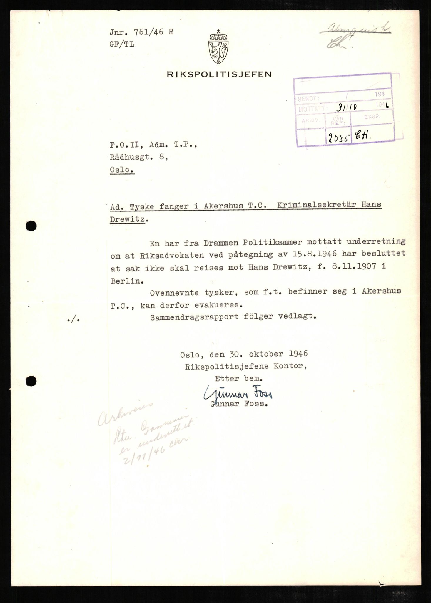 Forsvaret, Forsvarets overkommando II, RA/RAFA-3915/D/Db/L0006: CI Questionaires. Tyske okkupasjonsstyrker i Norge. Tyskere., 1945-1946, p. 243