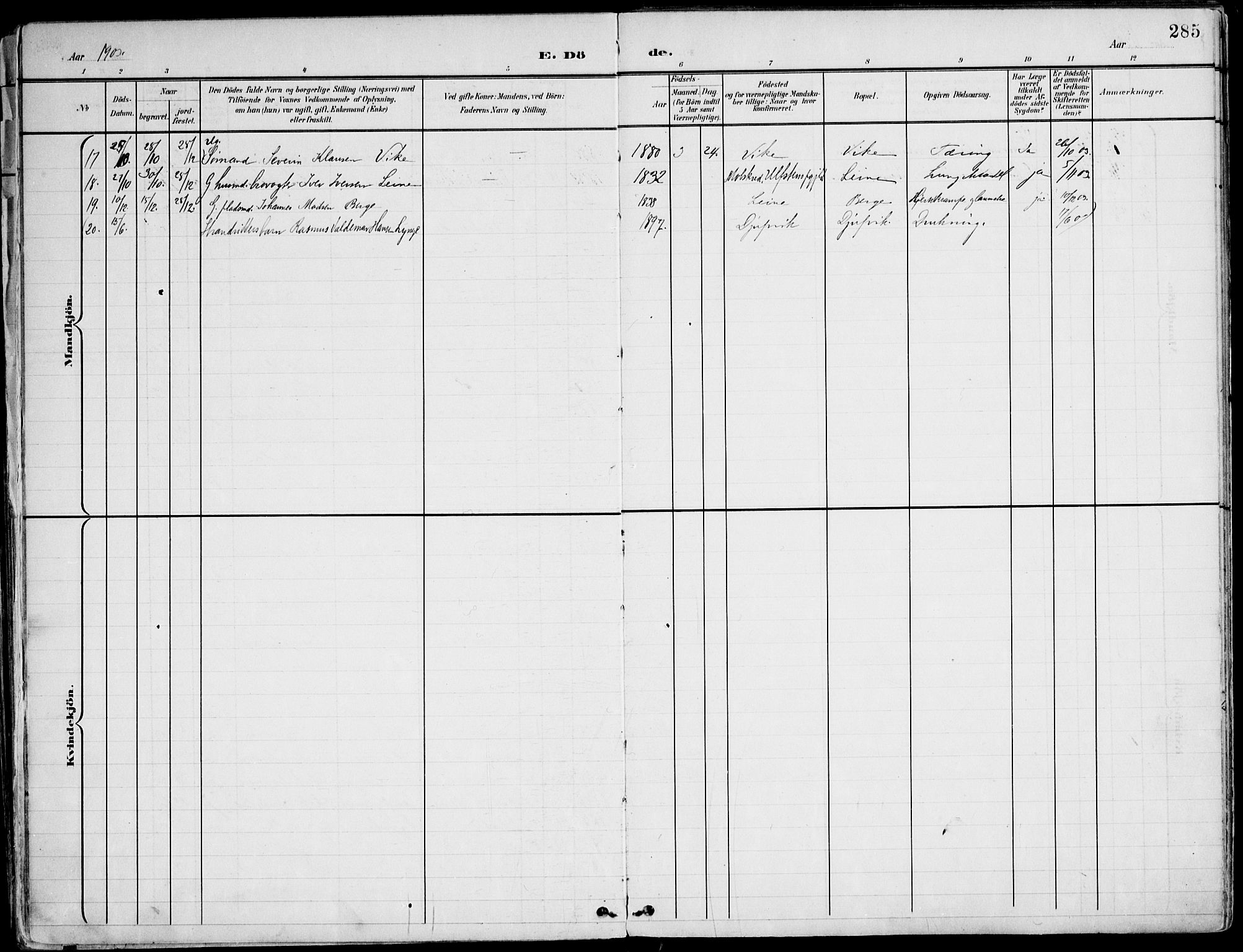 Ministerialprotokoller, klokkerbøker og fødselsregistre - Møre og Romsdal, AV/SAT-A-1454/507/L0075: Parish register (official) no. 507A10, 1901-1920, p. 285