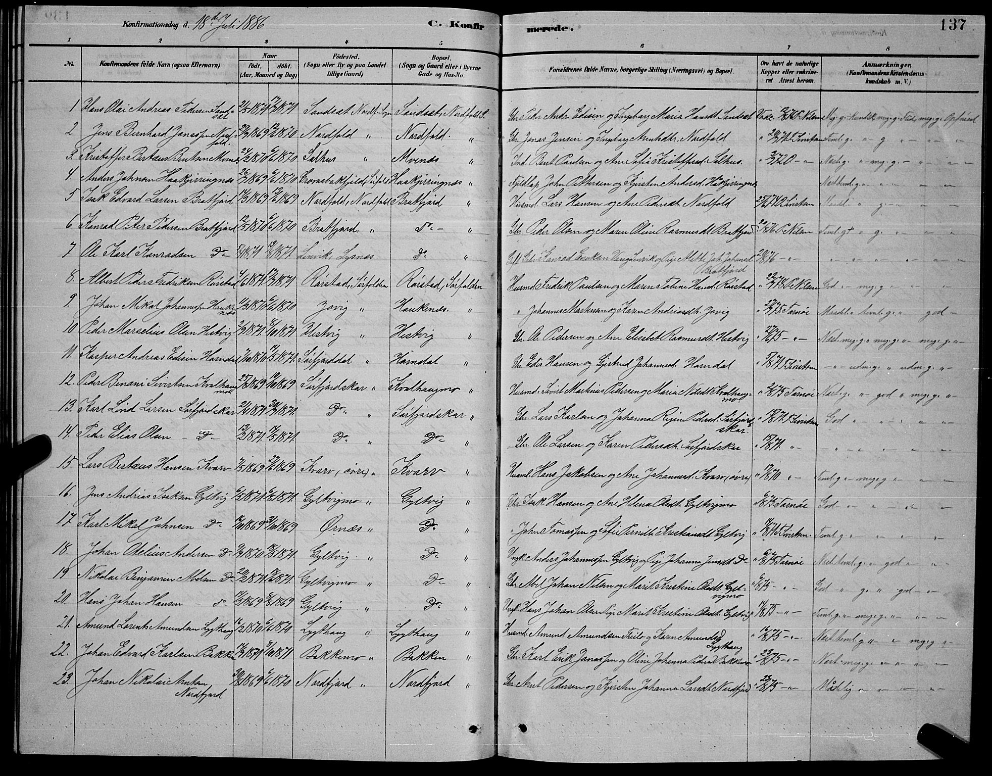 Ministerialprotokoller, klokkerbøker og fødselsregistre - Nordland, SAT/A-1459/853/L0776: Parish register (copy) no. 853C04, 1878-1889, p. 137