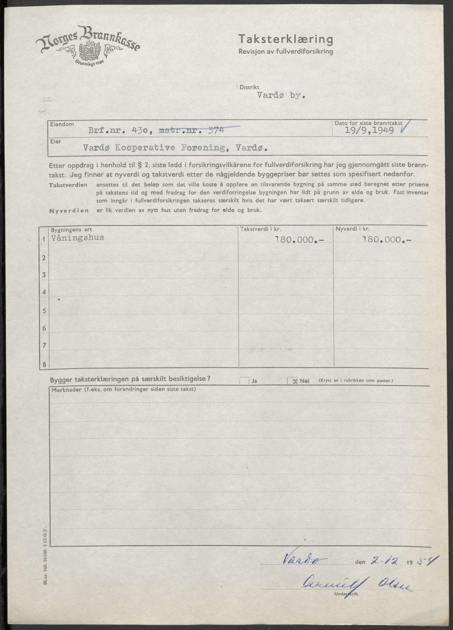 Norges Brannkasse, AV/RA-S-1549/E/Eu/L0057: Branntakster for Vardø, 1879-1956, p. 654