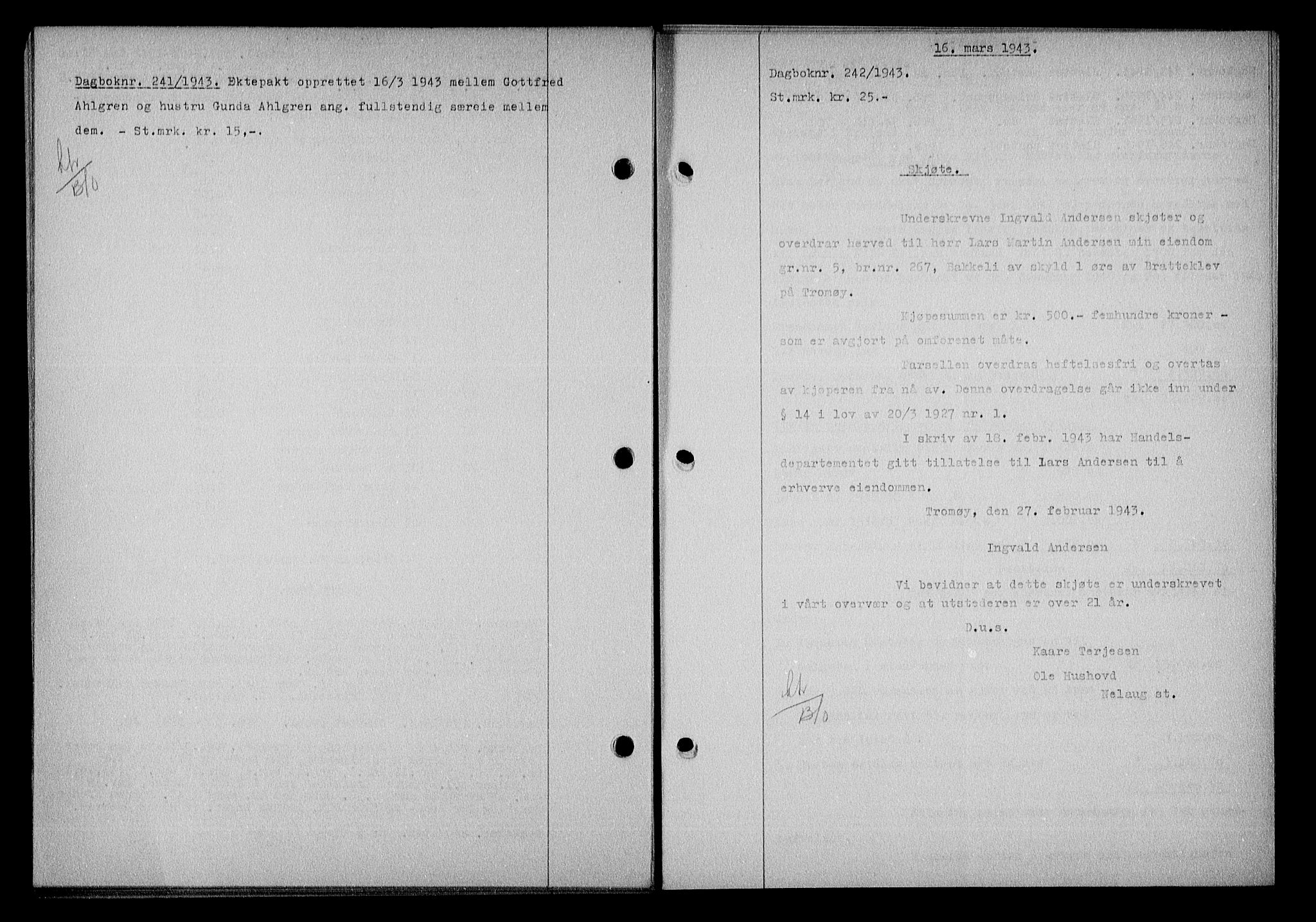 Nedenes sorenskriveri, SAK/1221-0006/G/Gb/Gba/L0050: Mortgage book no. A-IV, 1942-1943, Diary no: : 242/1943