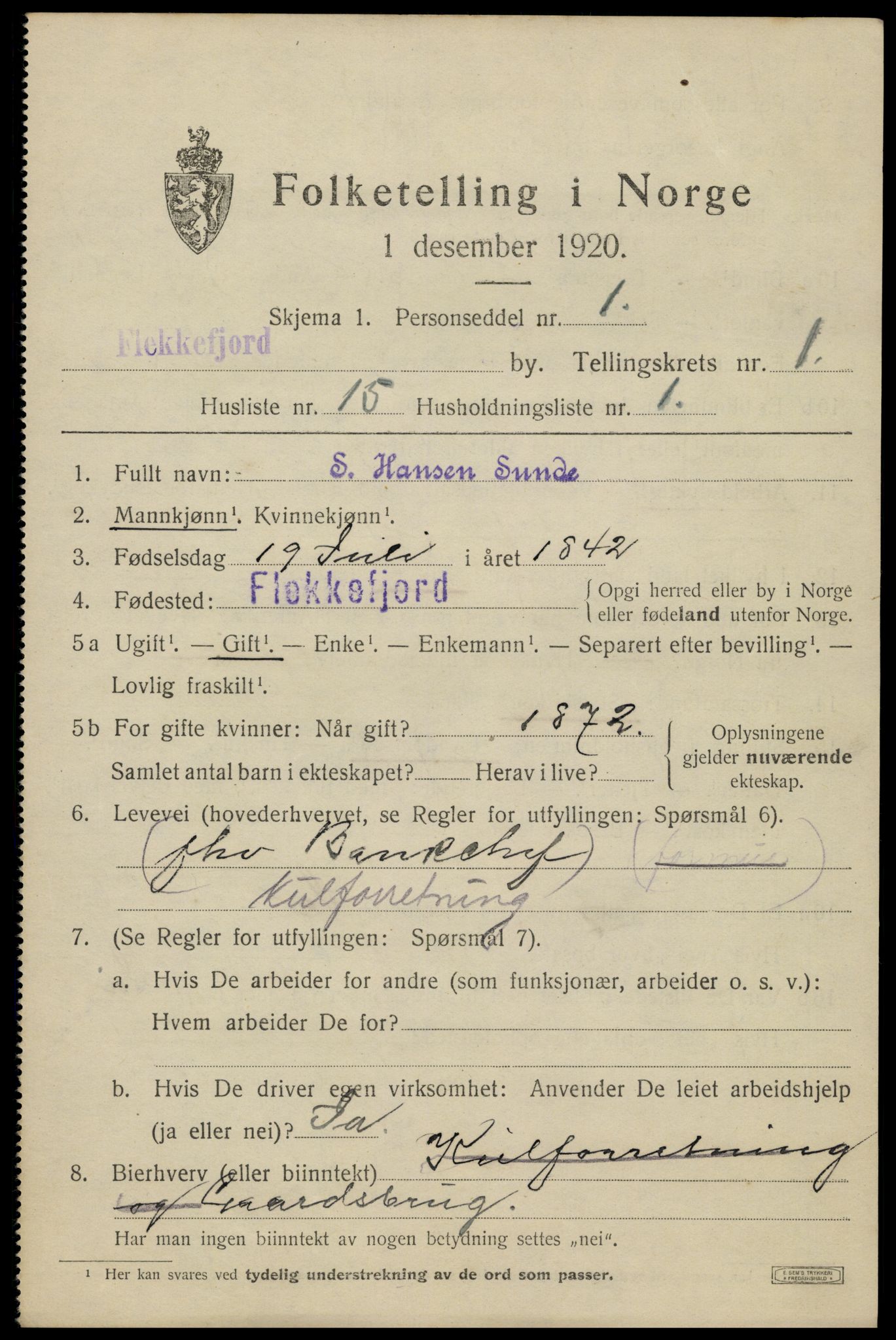 SAK, 1920 census for Flekkefjord, 1920, p. 2038