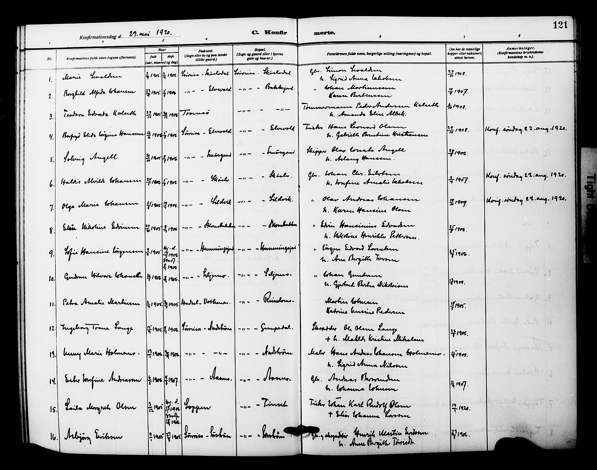 Tranøy sokneprestkontor, AV/SATØ-S-1313/I/Ia/Iab/L0023klokker: Parish register (copy) no. 23, 1913-1928, p. 121