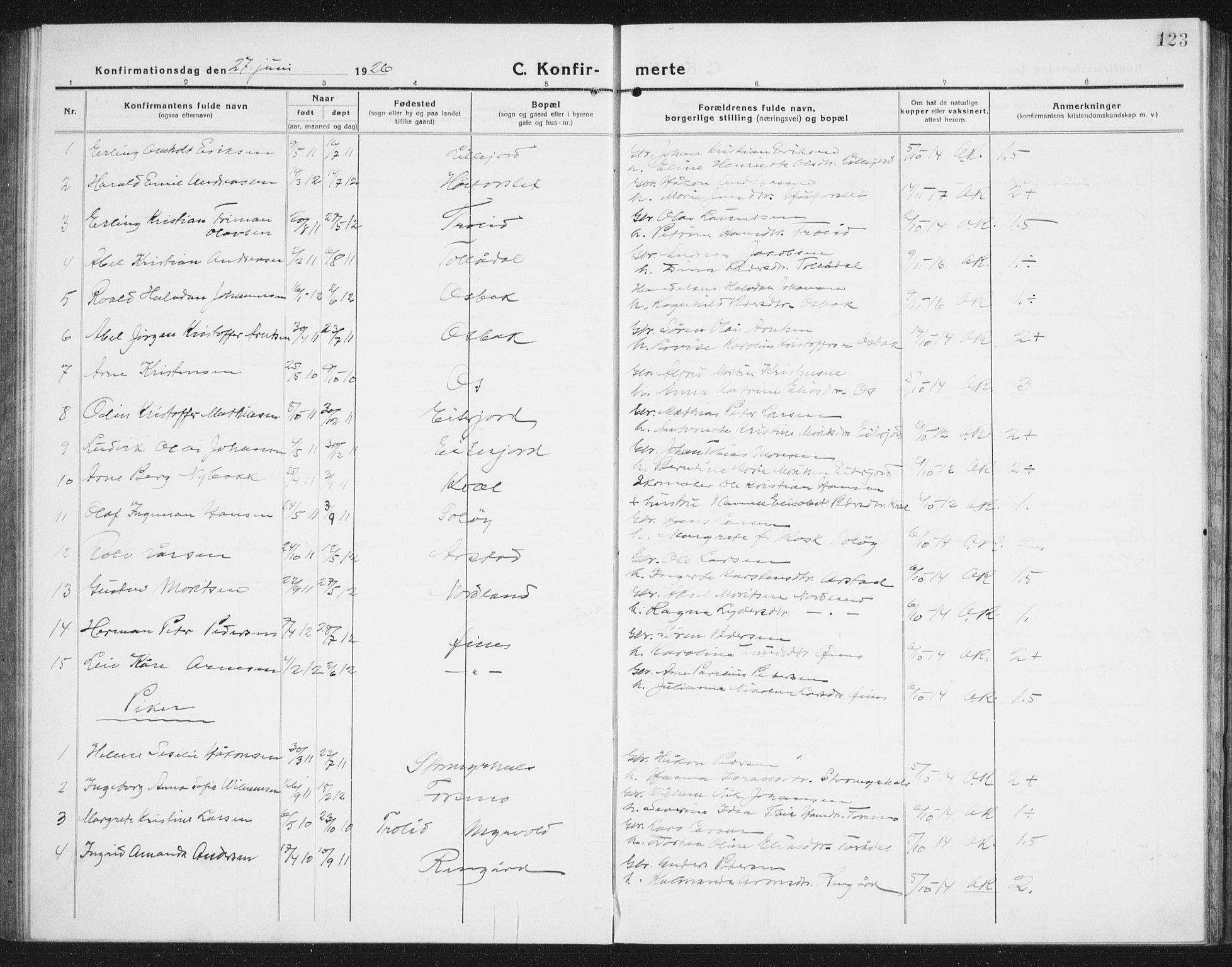 Ministerialprotokoller, klokkerbøker og fødselsregistre - Nordland, AV/SAT-A-1459/846/L0656: Parish register (copy) no. 846C06, 1917-1936, p. 123