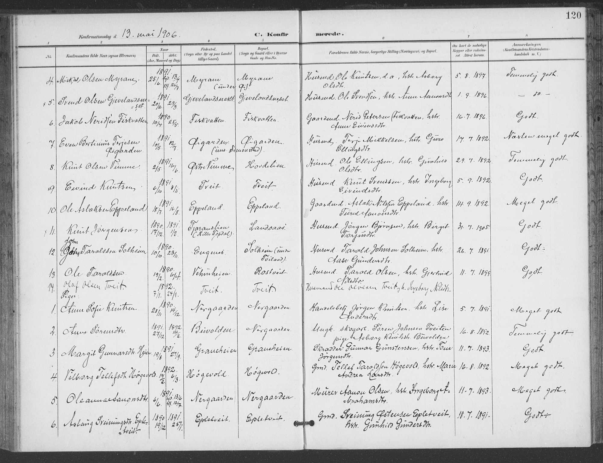 Åmli sokneprestkontor, AV/SAK-1111-0050/F/Fa/Fac/L0012: Parish register (official) no. A 12, 1900-1914, p. 120