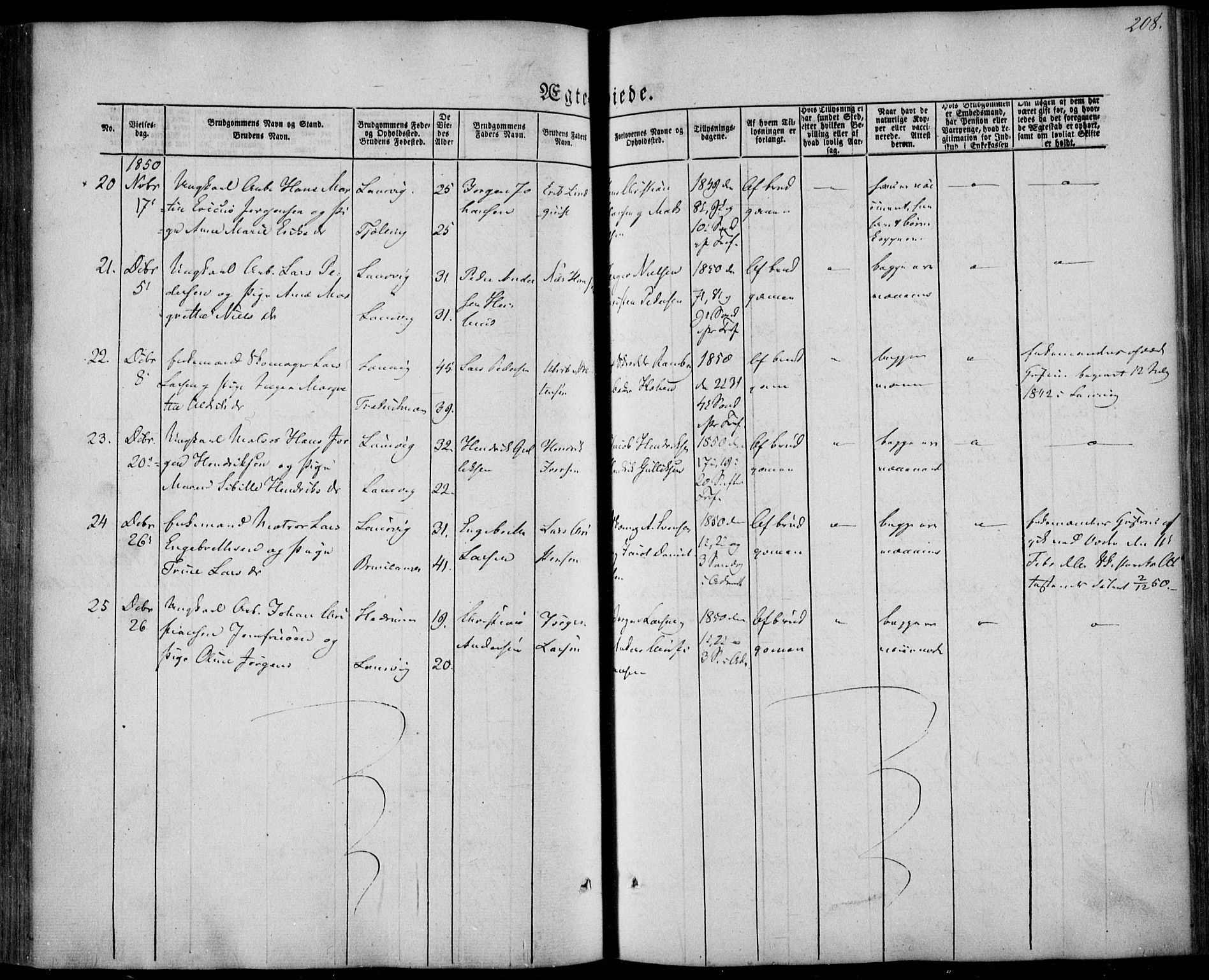 Larvik kirkebøker, AV/SAKO-A-352/F/Fa/L0003: Parish register (official) no. I 3, 1848-1856, p. 208