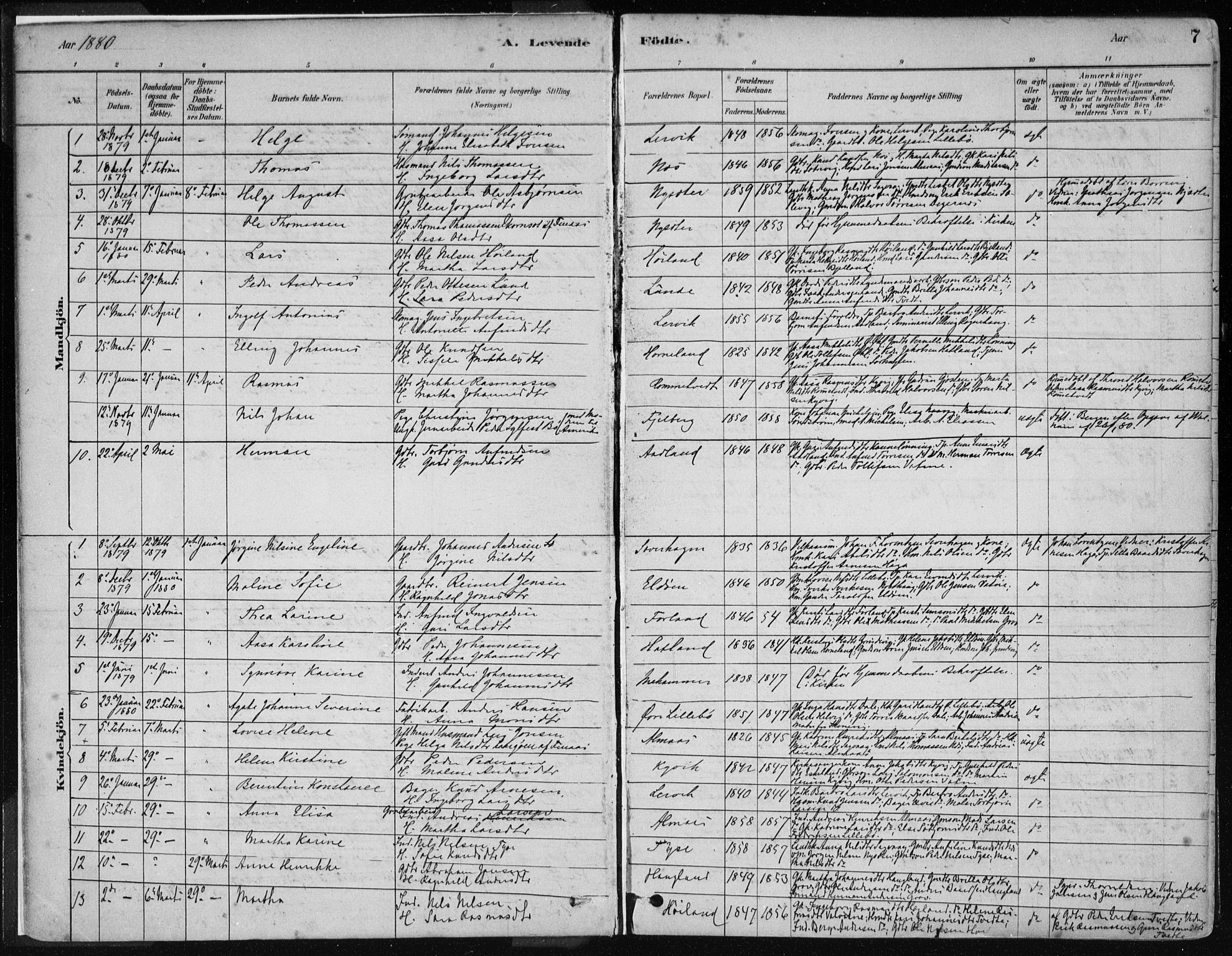 Stord sokneprestembete, SAB/A-78201/H/Haa: Parish register (official) no. B 2, 1878-1913, p. 7