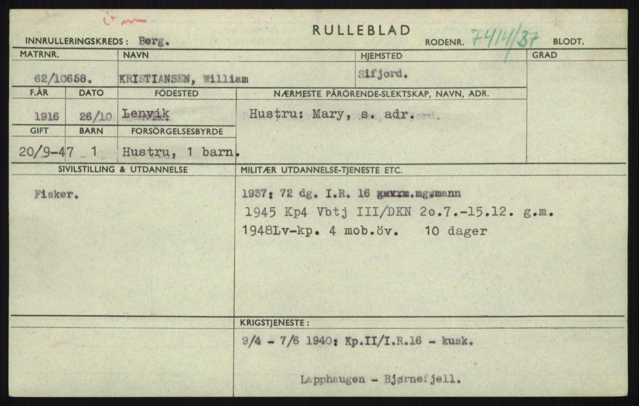 Forsvaret, Troms infanteriregiment nr. 16, AV/RA-RAFA-3146/P/Pa/L0021: Rulleblad for regimentets menige mannskaper, årsklasse 1937, 1937, p. 667