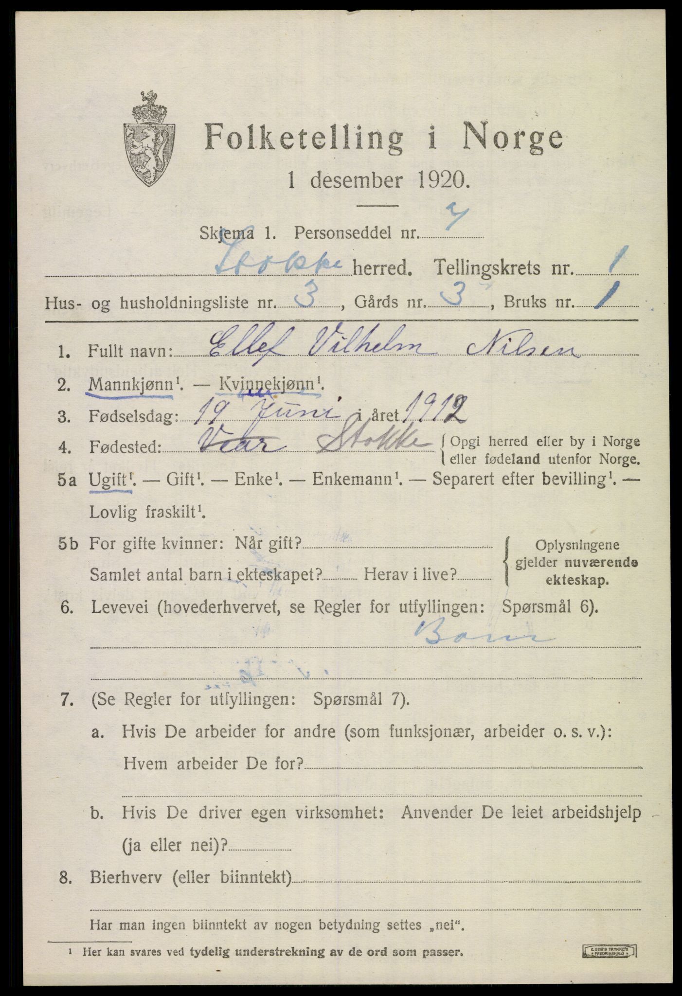 SAKO, 1920 census for Stokke, 1920, p. 2068