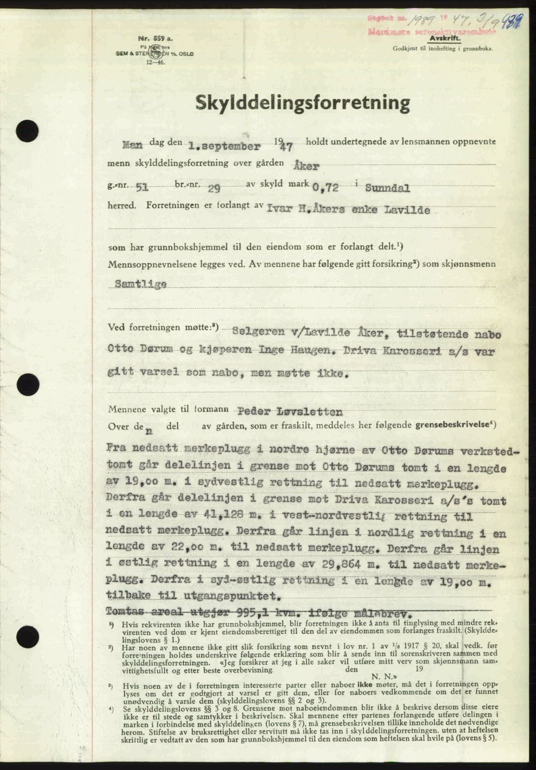 Nordmøre sorenskriveri, AV/SAT-A-4132/1/2/2Ca: Mortgage book no. A105, 1947-1947, Diary no: : 1989/1947