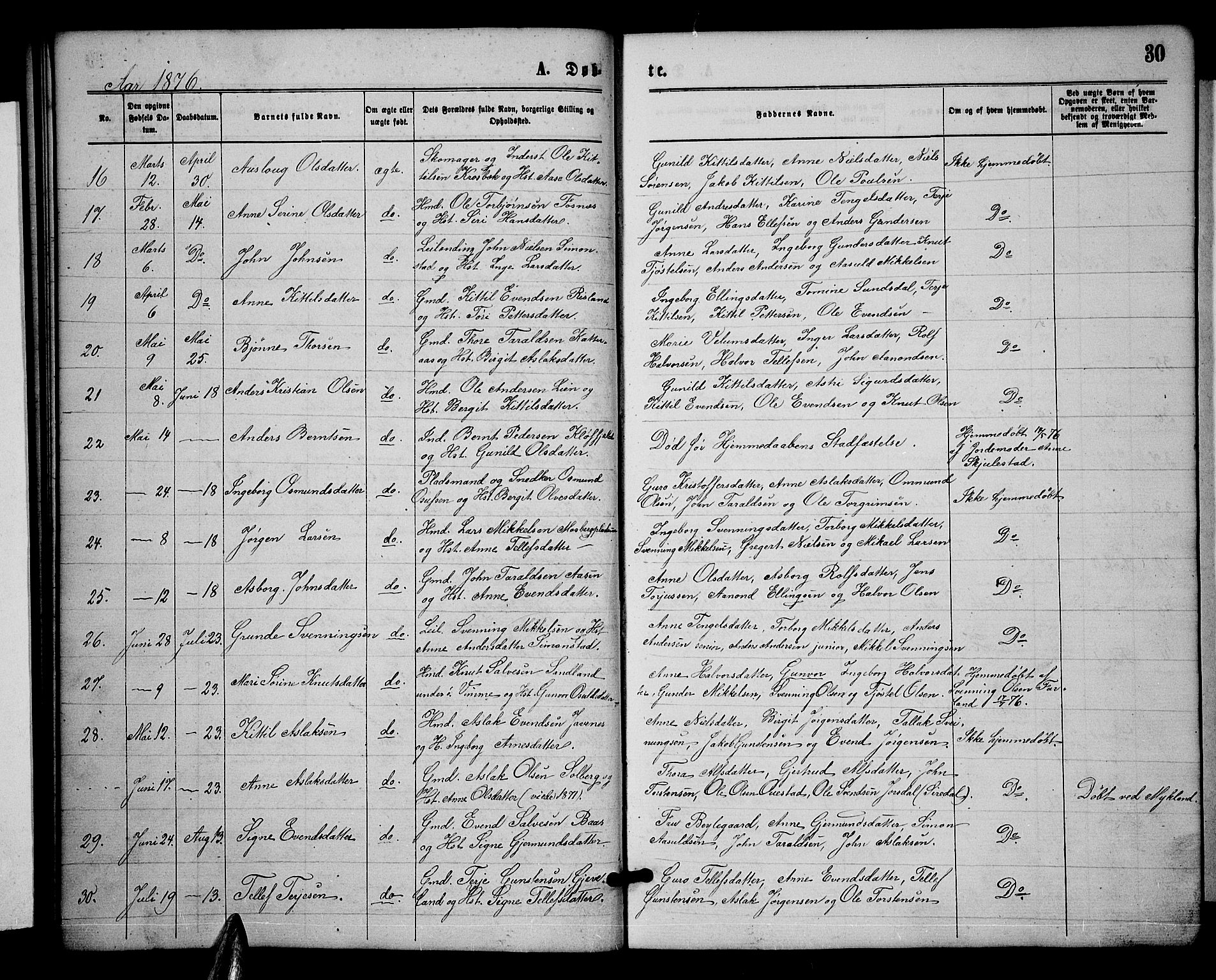 Åmli sokneprestkontor, AV/SAK-1111-0050/F/Fb/Fbc/L0003: Parish register (copy) no. B 3, 1868-1888, p. 30