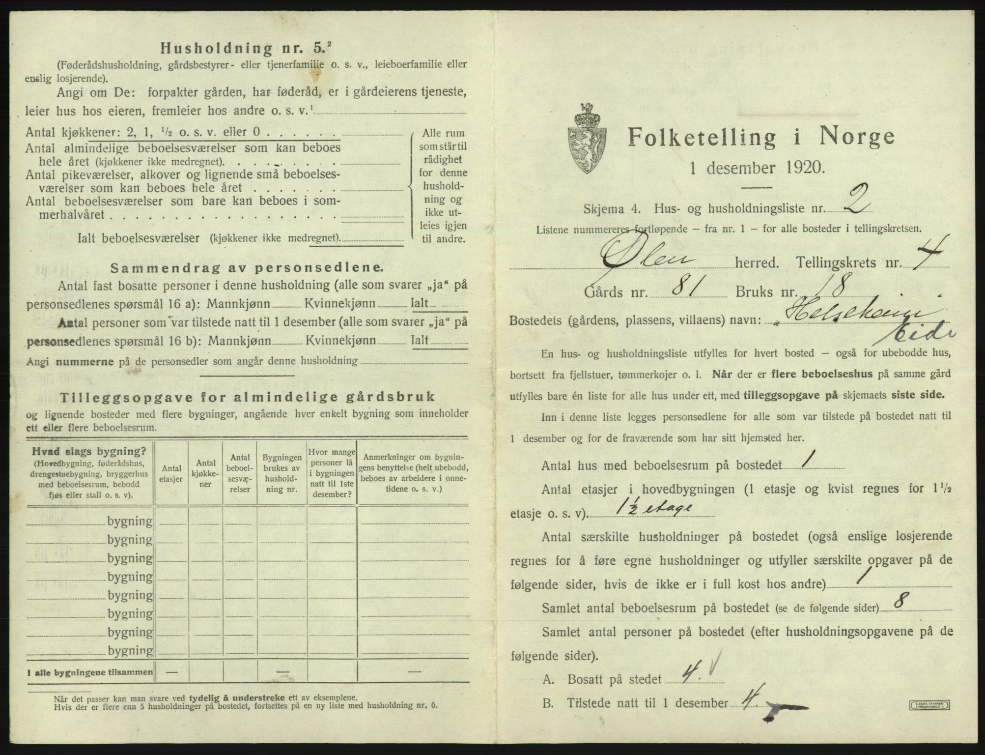 SAB, 1920 census for Ølen, 1920, p. 266