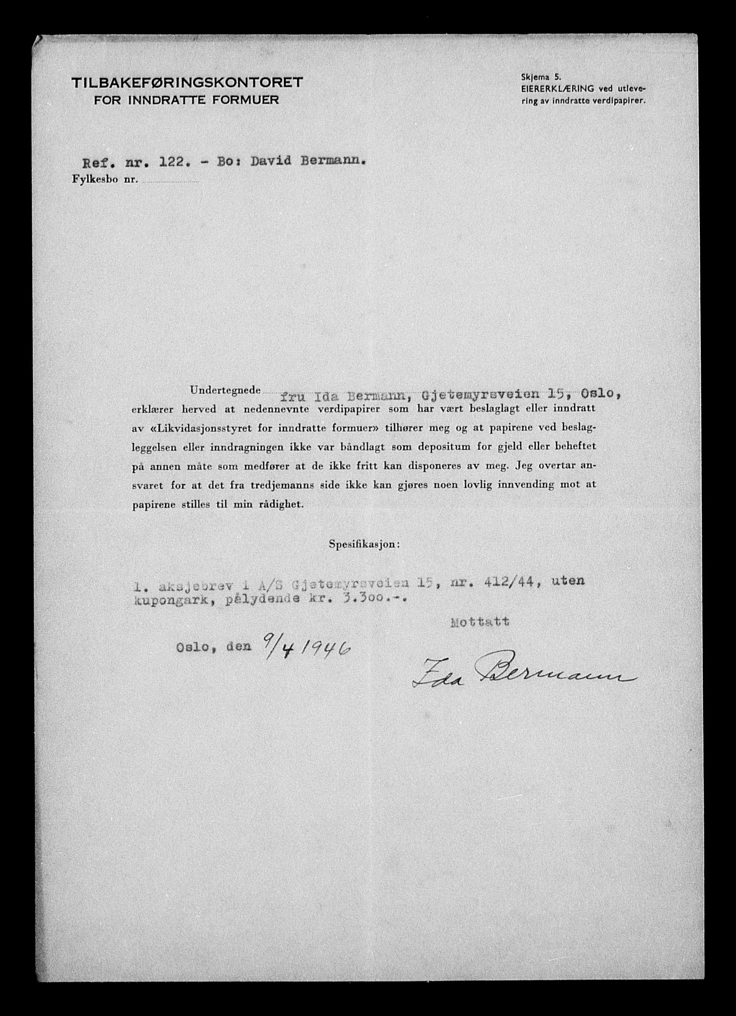 Justisdepartementet, Tilbakeføringskontoret for inndratte formuer, RA/S-1564/H/Hc/Hcc/L0921: --, 1945-1947, p. 204