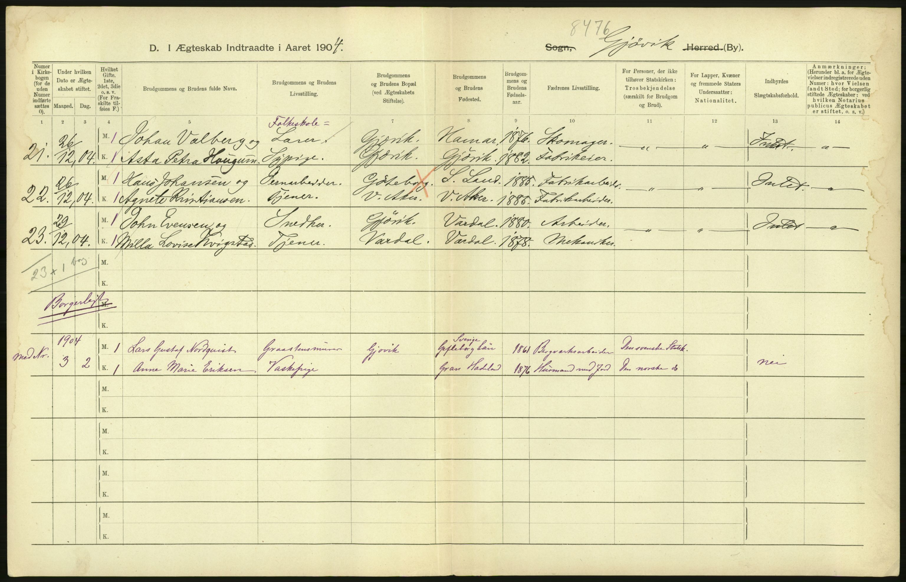 Statistisk sentralbyrå, Sosiodemografiske emner, Befolkning, AV/RA-S-2228/D/Df/Dfa/Dfab/L0006: Kristians amt: Fødte, gifte, døde, 1904, p. 842