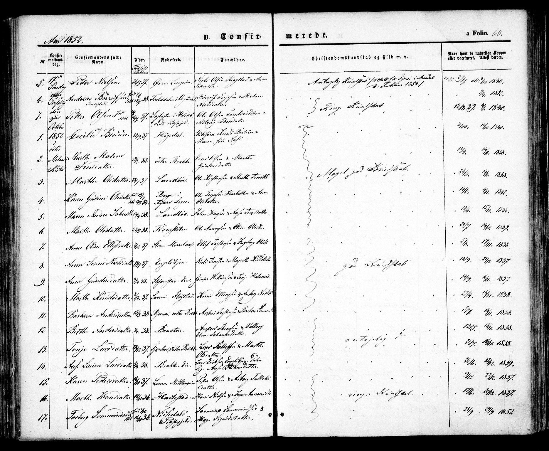 Austre Moland sokneprestkontor, SAK/1111-0001/F/Fa/Faa/L0007: Parish register (official) no. A 7, 1847-1857, p. 60
