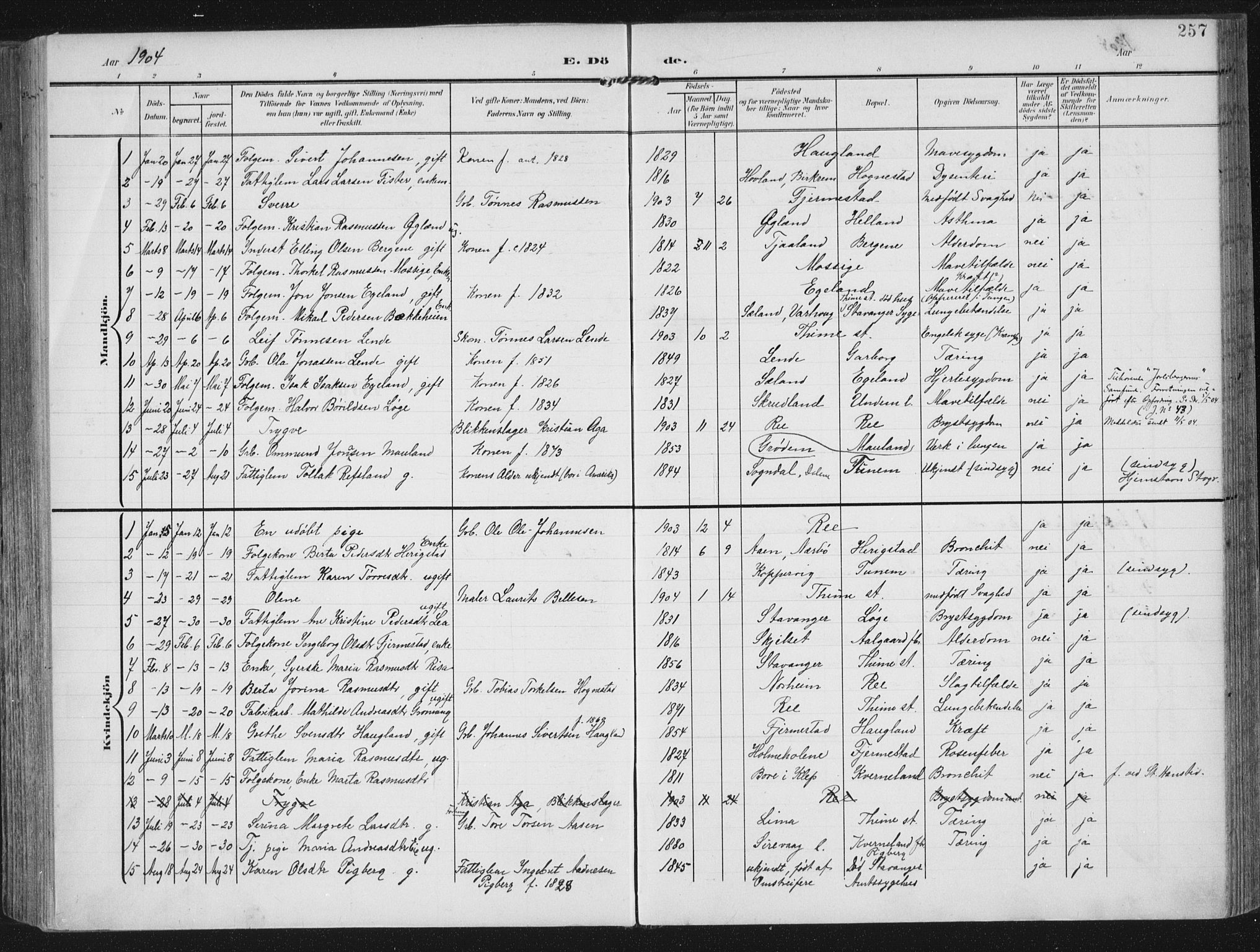Lye sokneprestkontor, SAST/A-101794/002/A/L0001: Parish register (official) no. A 12, 1904-1920, p. 257