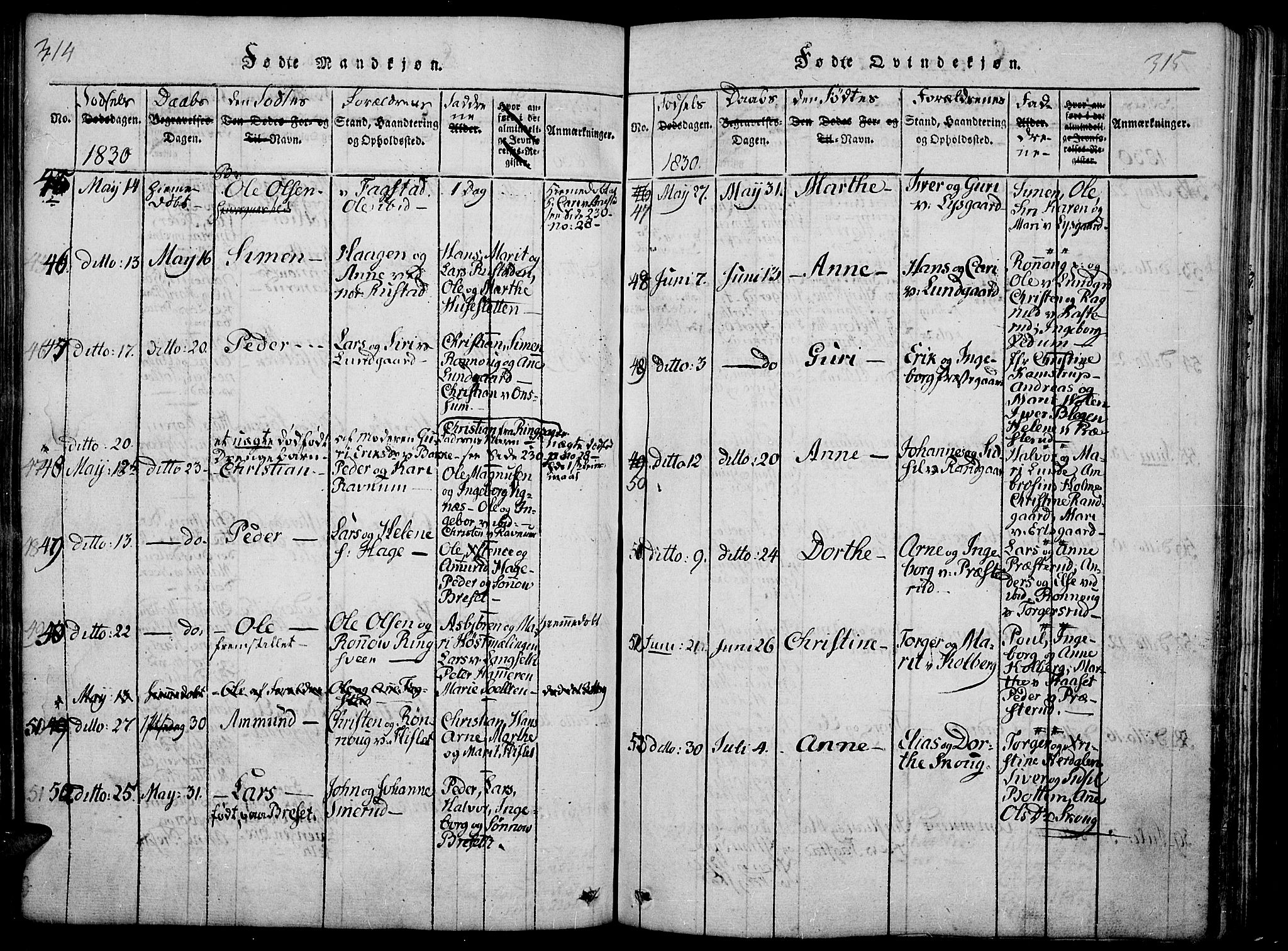 Fåberg prestekontor, SAH/PREST-086/H/Ha/Haa/L0003: Parish register (official) no. 3, 1818-1833, p. 314-315