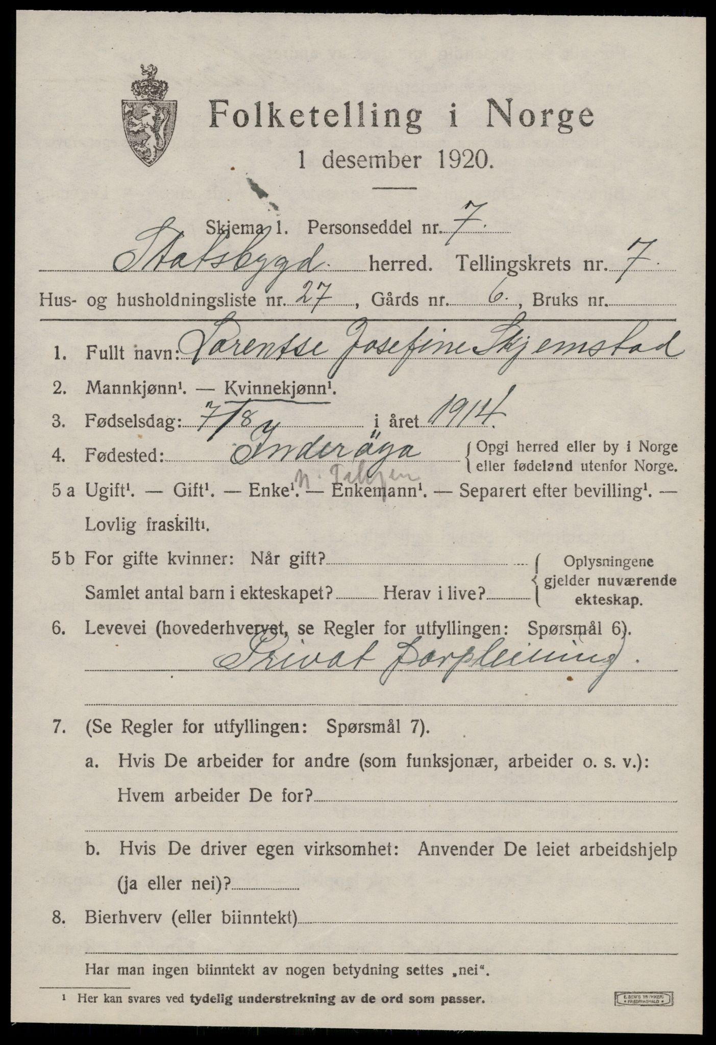 SAT, 1920 census for Stadsbygd, 1920, p. 3860