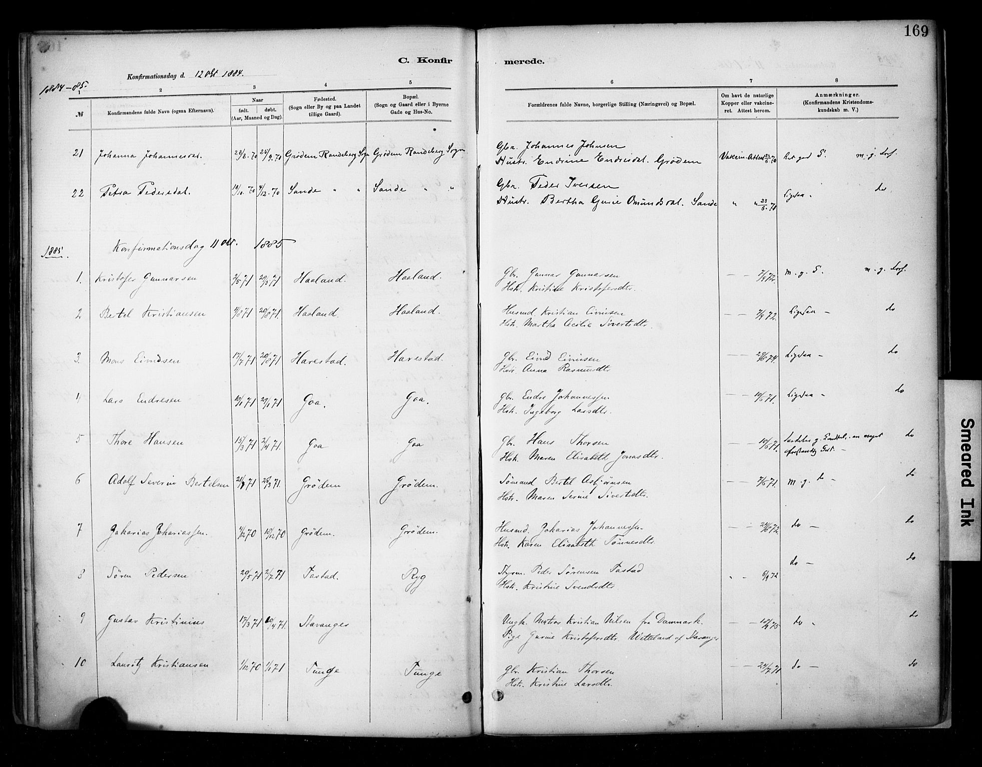 Hetland sokneprestkontor, SAST/A-101826/30/30BA/L0009: Parish register (official) no. A 9, 1882-1918, p. 169