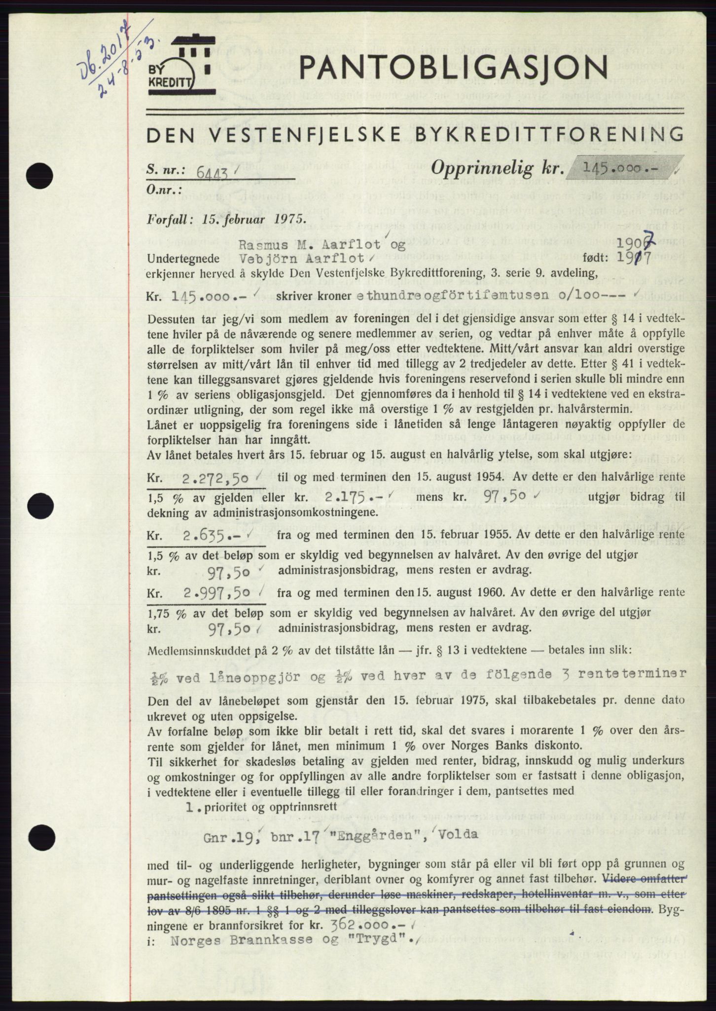 Søre Sunnmøre sorenskriveri, AV/SAT-A-4122/1/2/2C/L0123: Mortgage book no. 11B, 1953-1953, Diary no: : 2017/1953