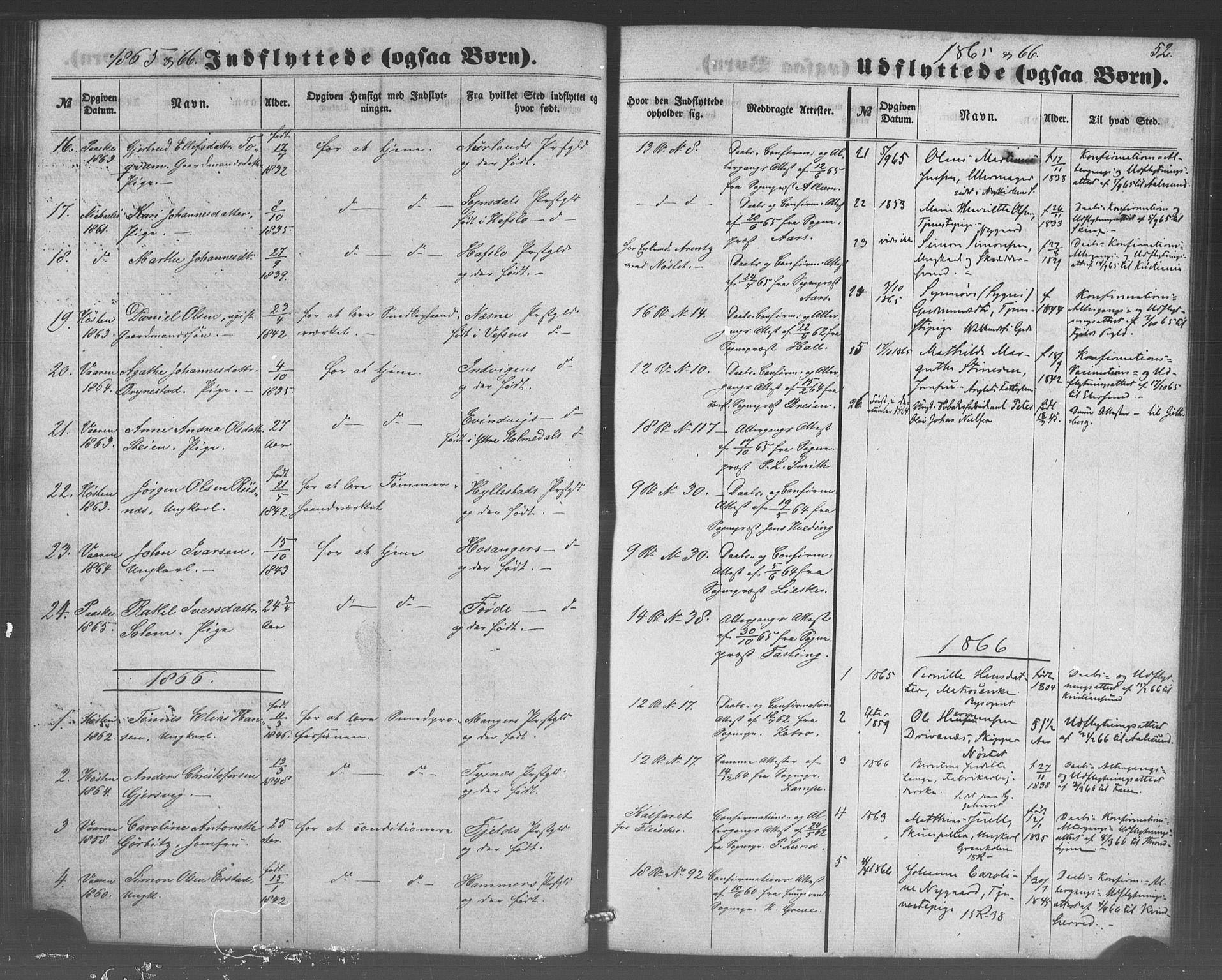 Domkirken sokneprestembete, SAB/A-74801/H/Haa/L0048: Parish register (official) no. F 3, 1858-1874, p. 52