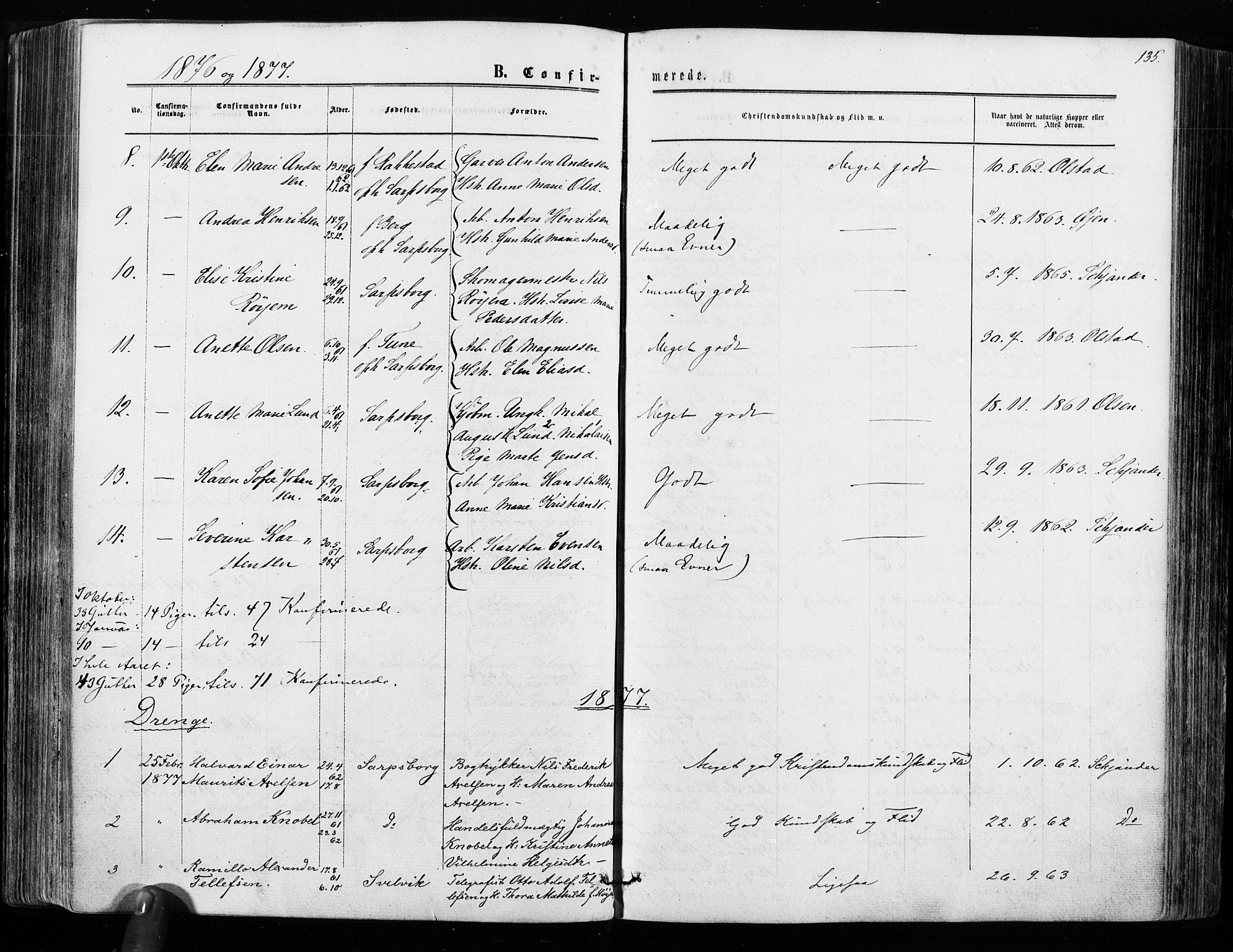Sarpsborg prestekontor Kirkebøker, SAO/A-2006/F/Fa/L0002: Parish register (official) no. 2, 1869-1877, p. 135