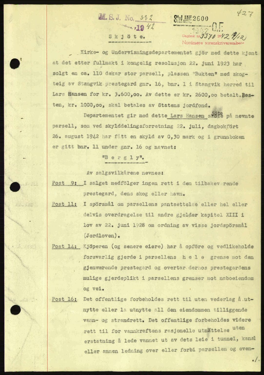 Nordmøre sorenskriveri, AV/SAT-A-4132/1/2/2Ca: Mortgage book no. A94, 1942-1943, Diary no: : 3370/1942