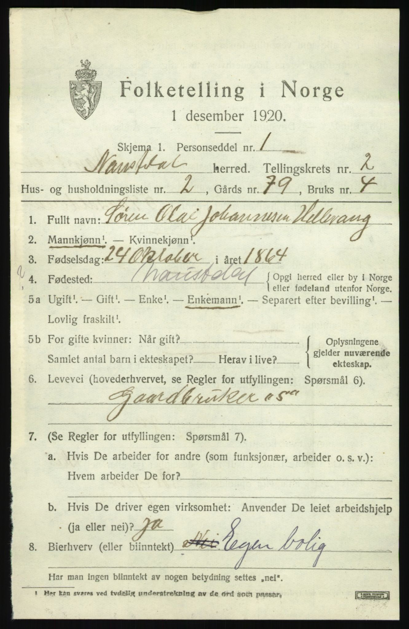 SAB, 1920 census for Naustdal, 1920, p. 1275