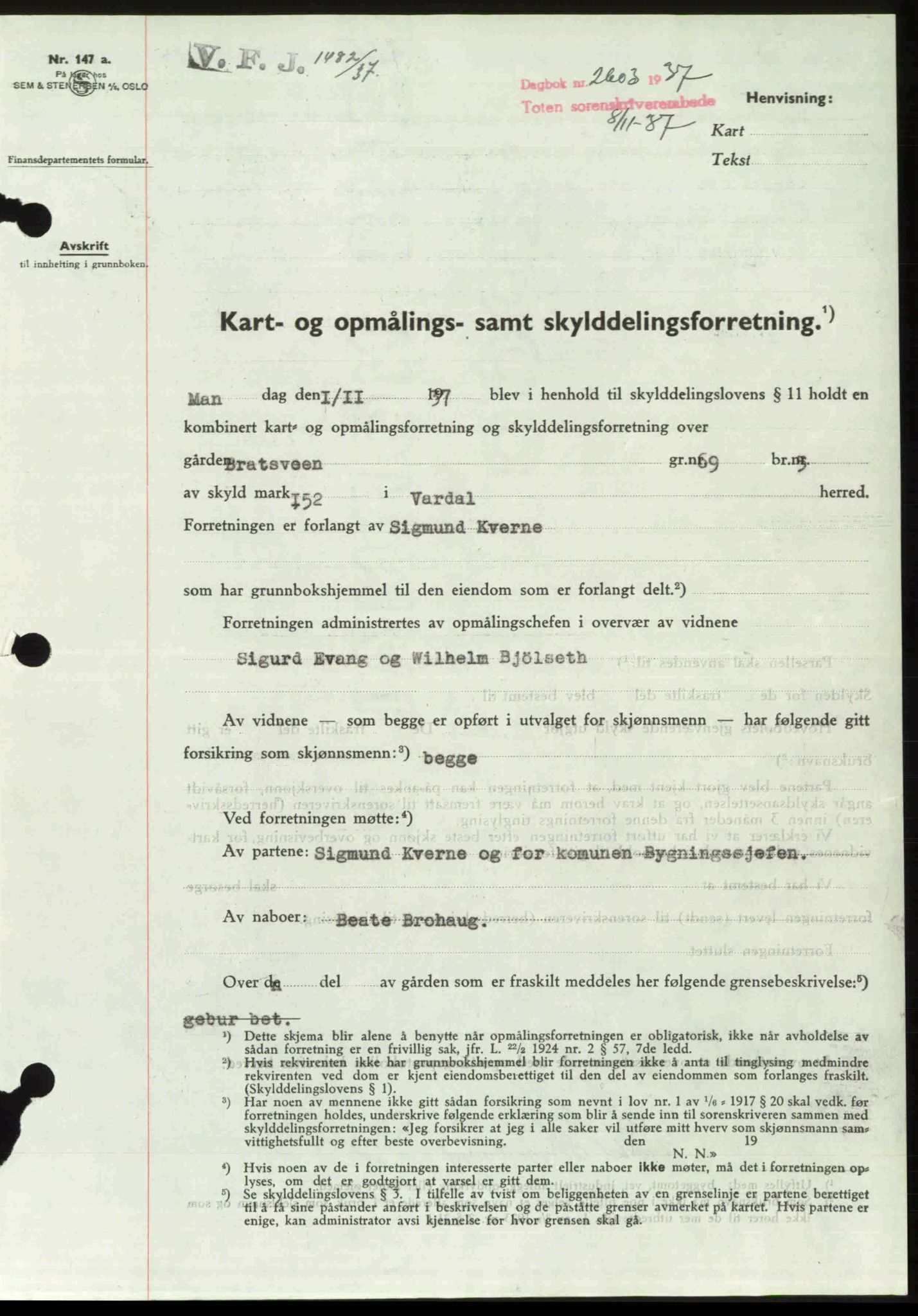 Toten tingrett, SAH/TING-006/H/Hb/Hbc/L0003: Mortgage book no. Hbc-03, 1937-1938, Diary no: : 2603/1937