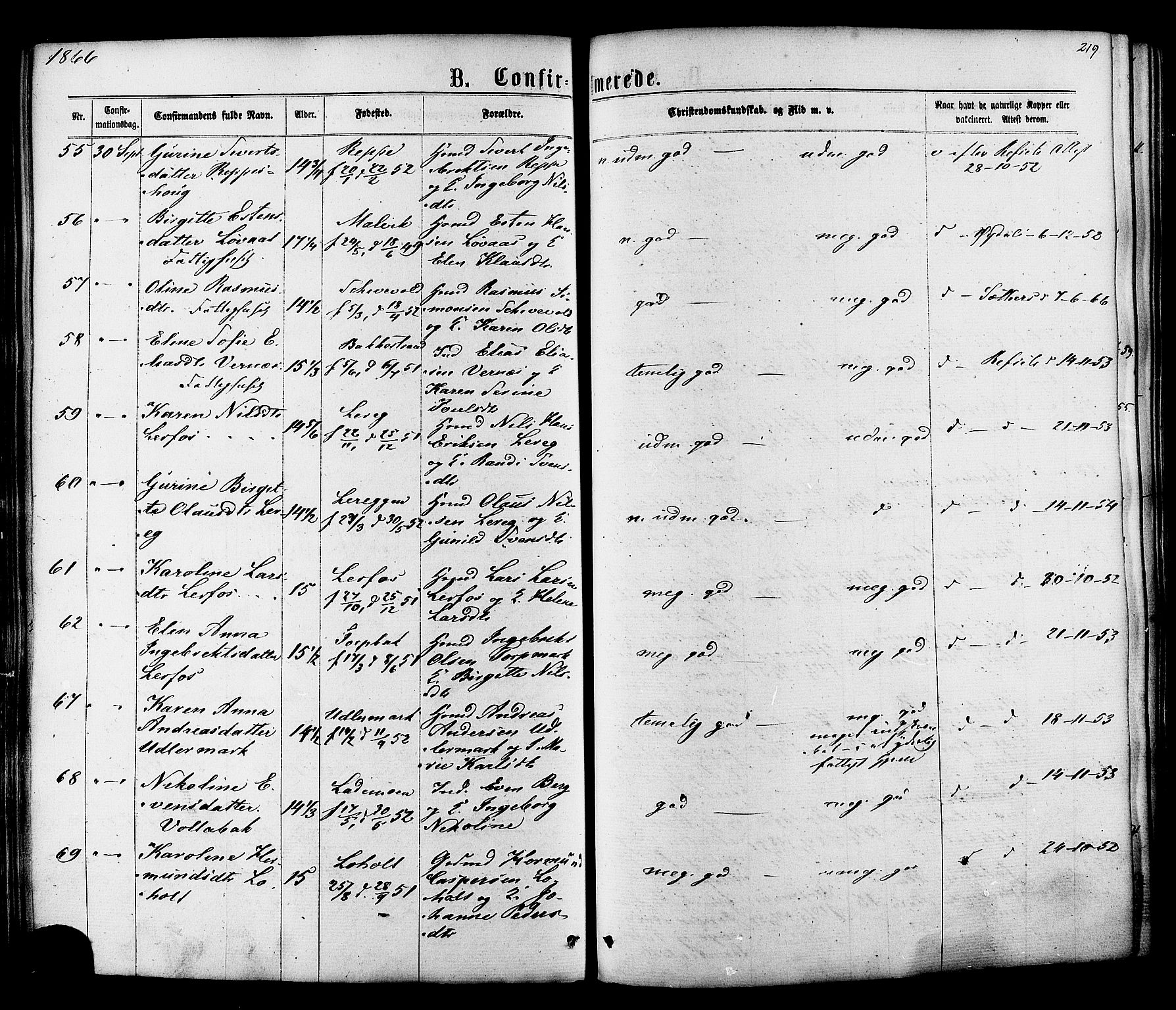 Ministerialprotokoller, klokkerbøker og fødselsregistre - Sør-Trøndelag, AV/SAT-A-1456/606/L0293: Parish register (official) no. 606A08, 1866-1877, p. 219