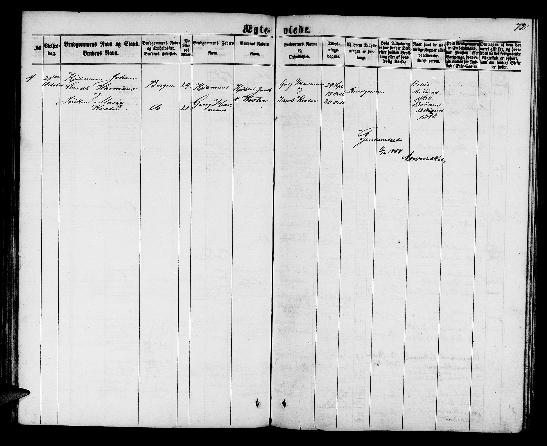 Mariakirken Sokneprestembete, SAB/A-76901/H/Hab/L0003: Parish register (copy) no. A 3, 1862-1877, p. 72