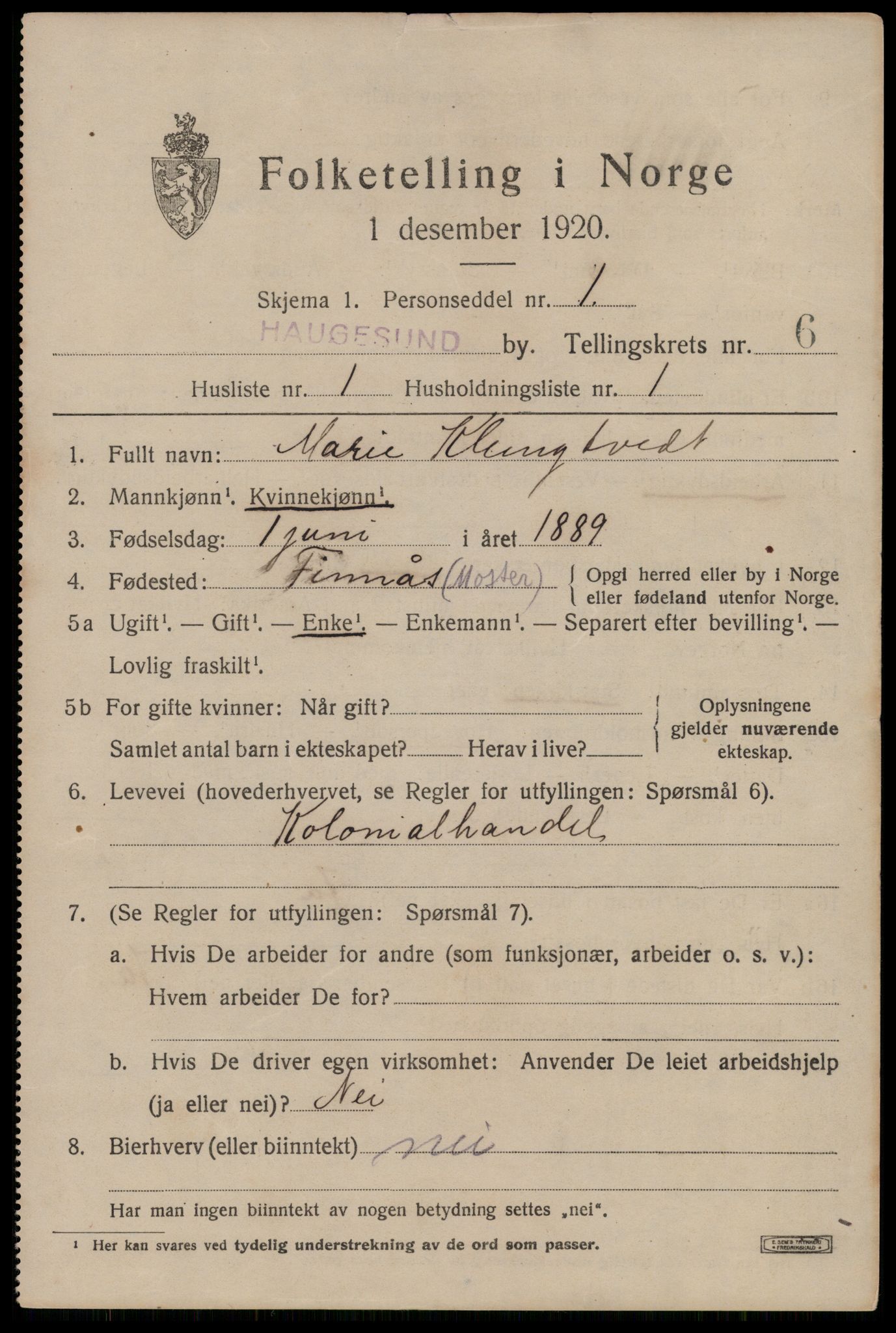 SAST, 1920 census for Haugesund, 1920, p. 21433