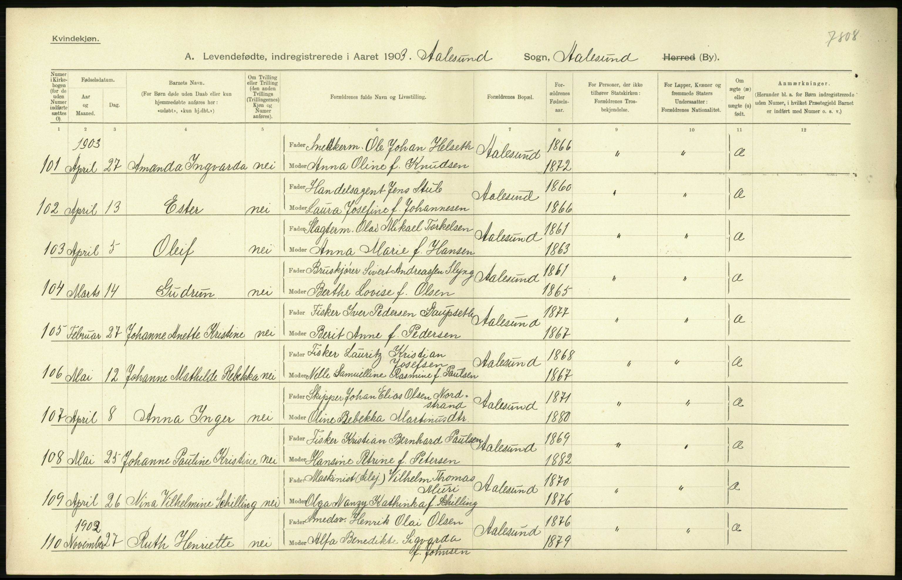 Statistisk sentralbyrå, Sosiodemografiske emner, Befolkning, AV/RA-S-2228/D/Df/Dfa/Dfaa/L0016: Romsdal amt: Fødte, gifte, døde., 1903, p. 540